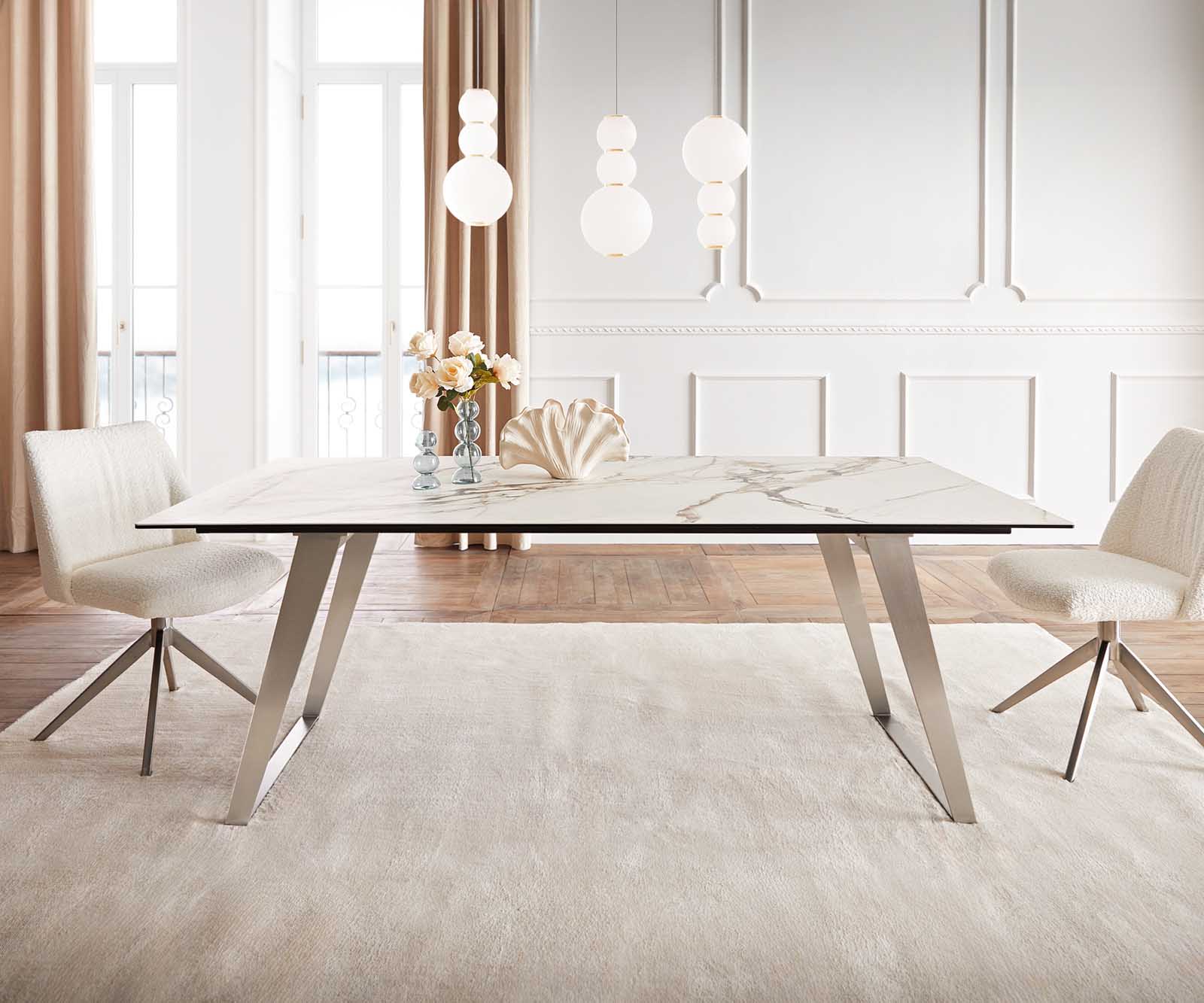 Eetkamertafel Edge 200x100 keramiek Calacatta Luxe wit-goud-grijs RVS schuin