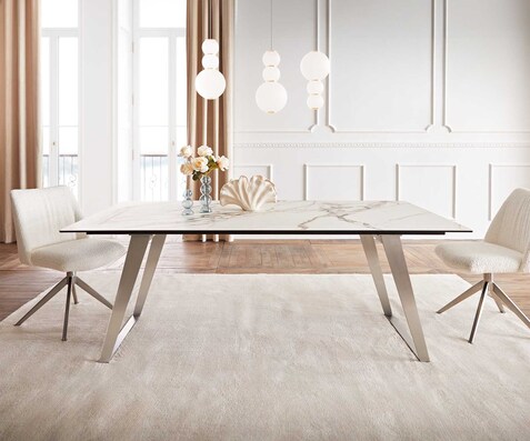 Eetkamertafel Edge 200x100 keramiek Calacatta Luxe wit-goud-grijs RVS schuin
