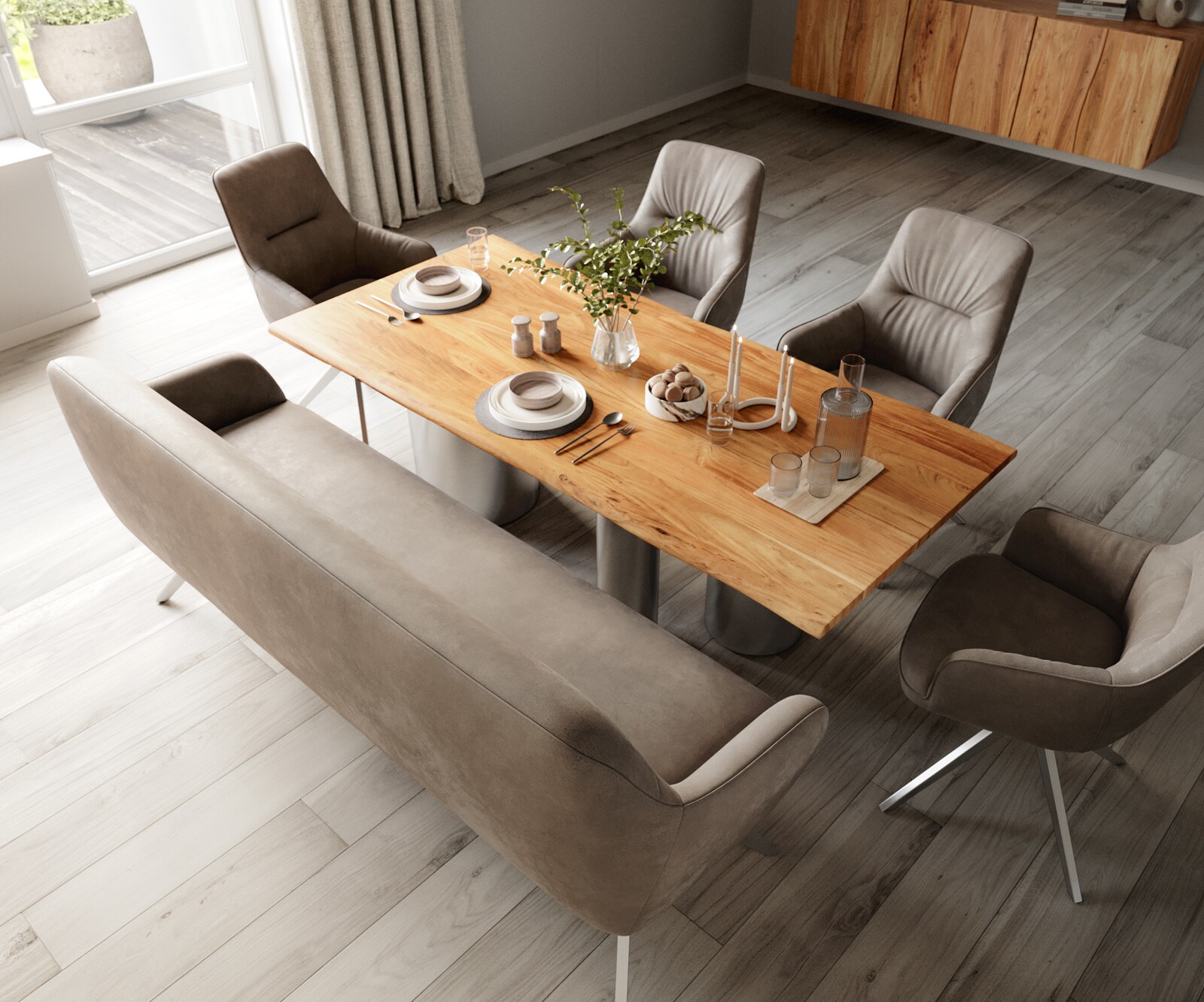 Eetkamerbank Taya-Flex 200 cm microvelours taupe vintage hoekig kruisframe roestvrij staal pocketvering 3