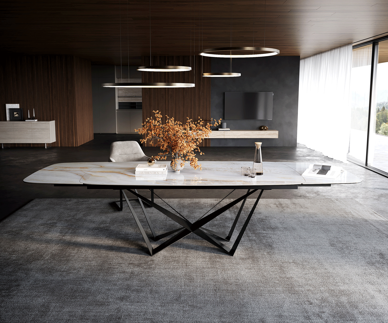Eettafel Edge bootvorm 200-300x120 cm keramiek Onyx Pearl Spider platstaal zwart uitschuifbaar 2