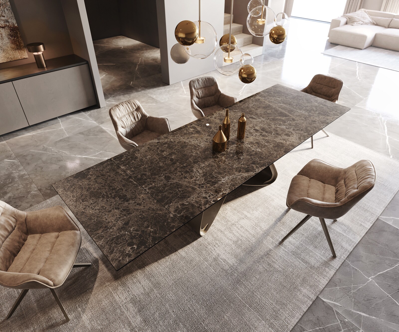 Eettafel Edge Keramiek Emperador Extra Lucidato Donkerbruin 200-300x100 W-onderstel effectafwerking Titanium uitschuifbaar 3