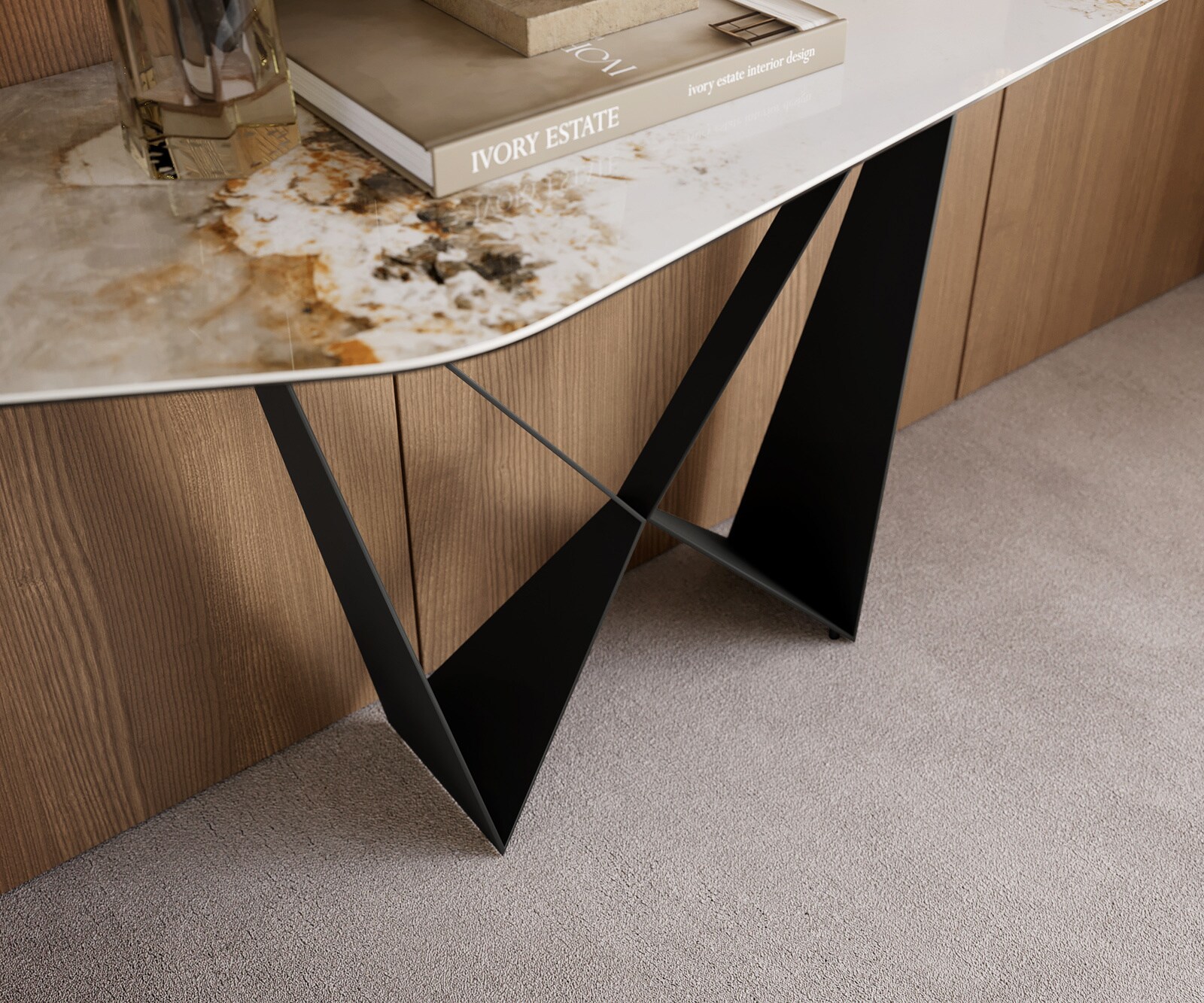 Consoletafel Edge Polygonaal 180x50 cm Keramiek Minas Melange Weiß-Beige Spios Metaal Zwart 6