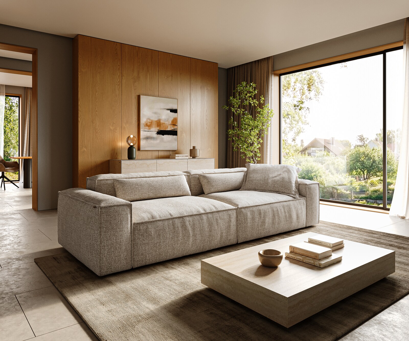 Bigsofa Freestyle 280x110 cm Zachte Geweven stof Beige kedernaad