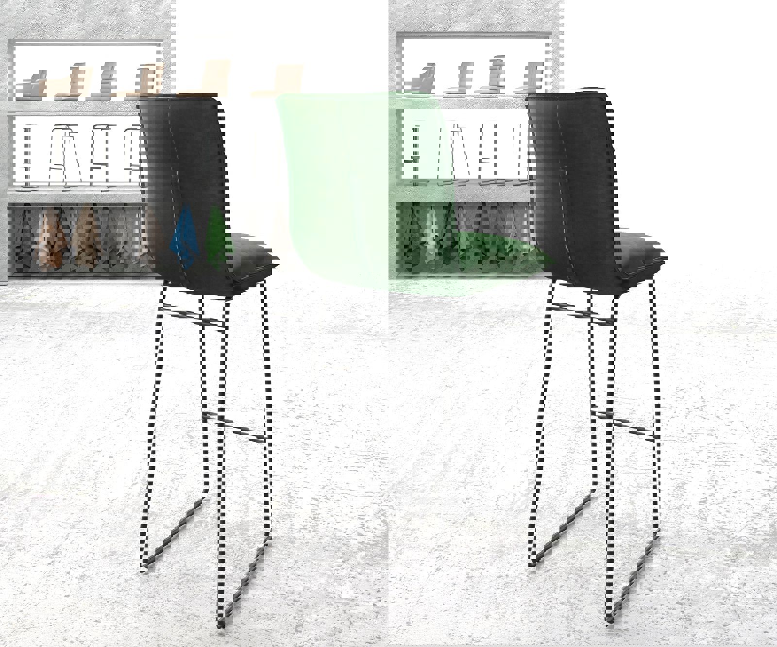 Barstoel Maddy-Flex fluweel groen slipframe metaal 2 Barstoel Maddy-Flex fluweel groen slipframe metaal 2