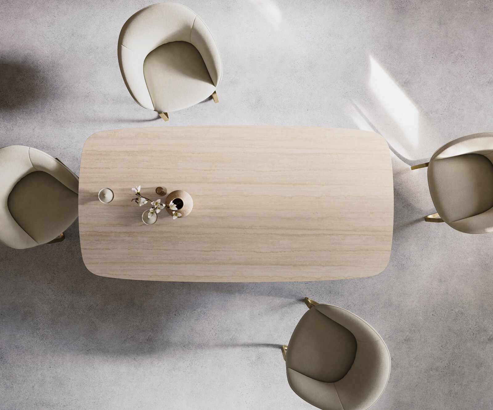 Eettafel Edge Boot 200x100 keramiek  Laminam® Travertino Bianco Creme-wit Cono metaal goud 6