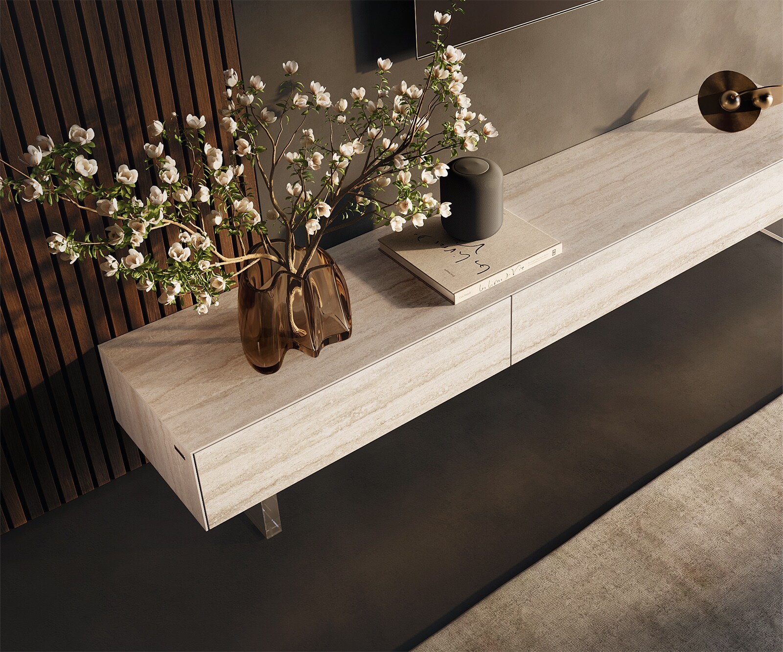 Tv-meubel Cuor 200 cm Keramiek Laminam® Travertino Bianco Crème-wit 1 Flap 1 Lade Zwevende voet look Acrylglas 3