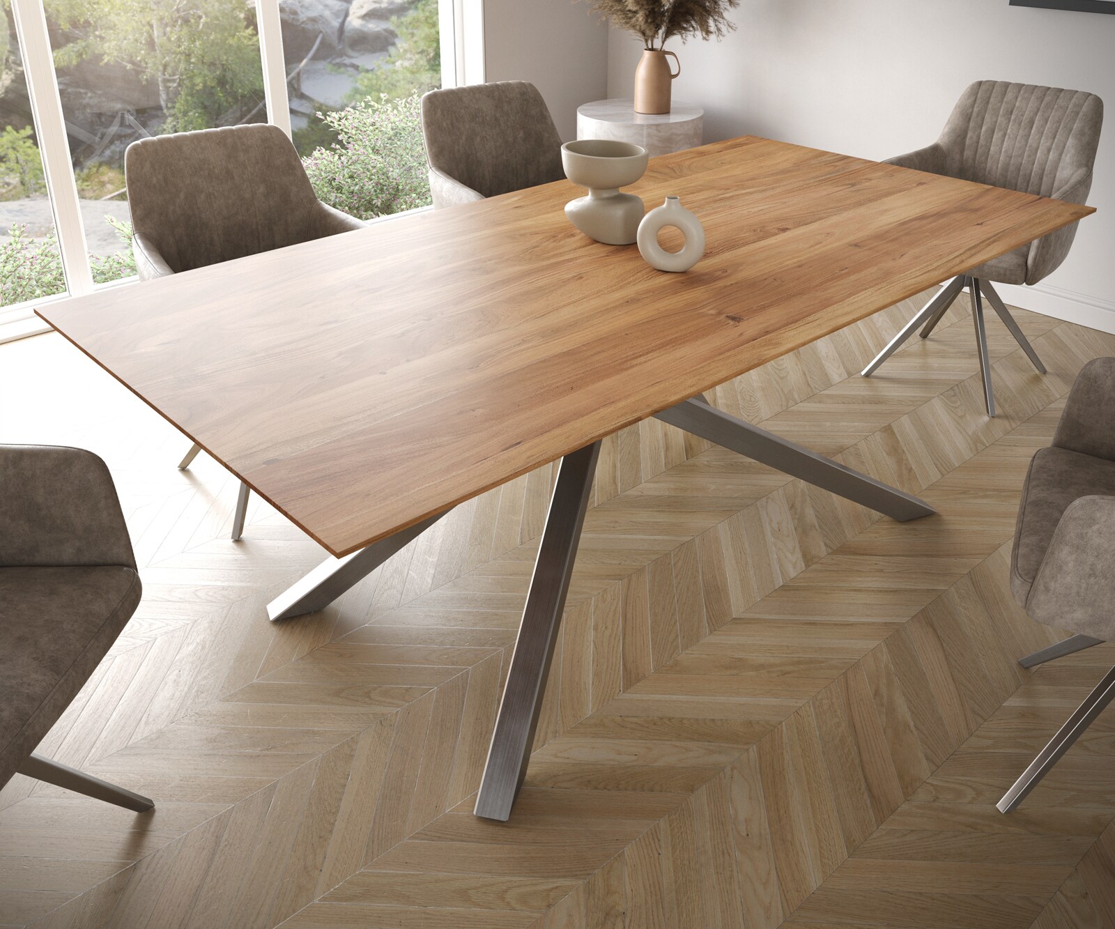 Eettafel Edge 200x100 acacia natuur kruisframe rechthoek roestvrij staal  Zwitserse rand 4