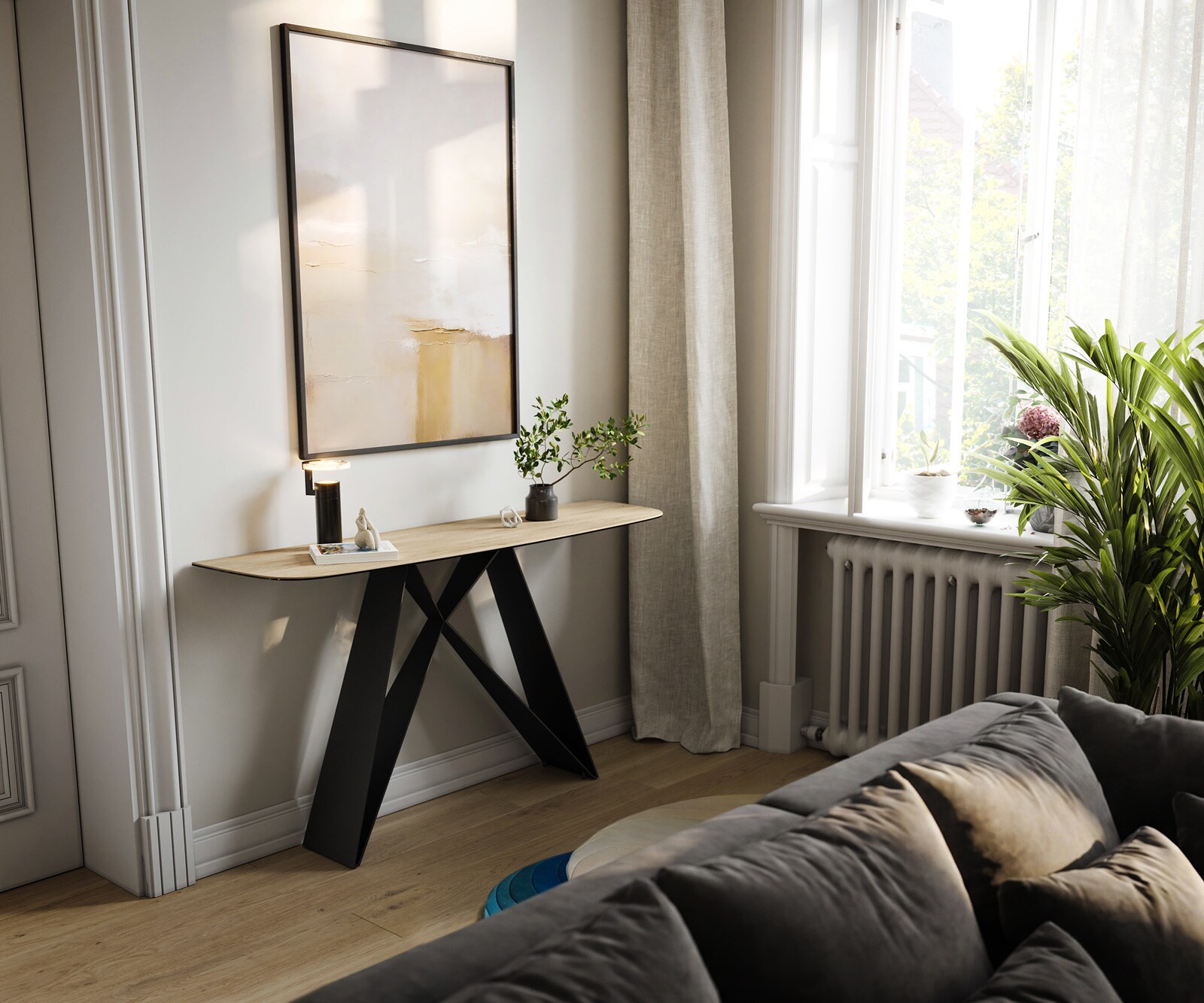 Consoletafel Edge Bootvorm 140x40 cm Keramiek Laminam® Sabbia Eichefarbig Velio Metaal Zwart 7