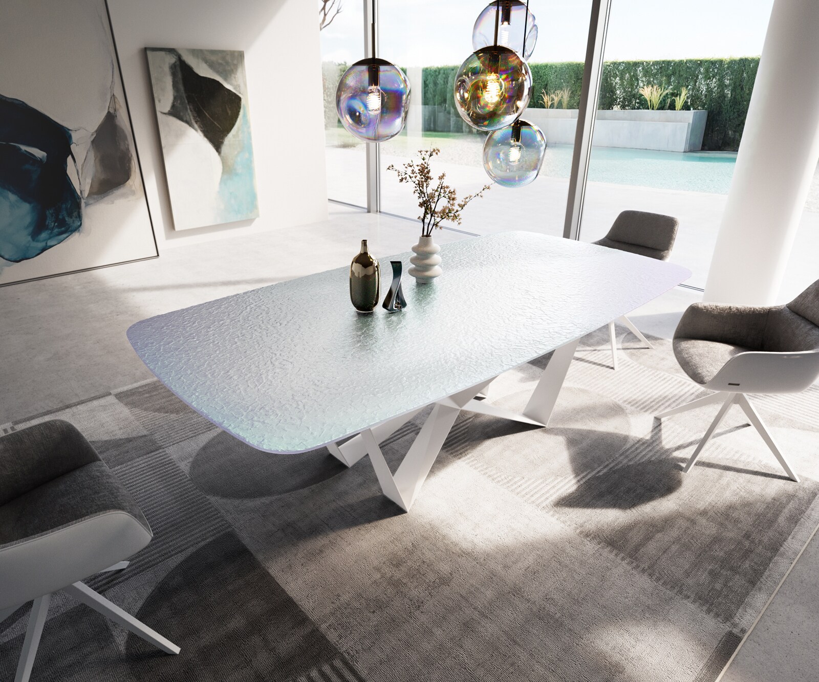 Eetkamertafel Edge Boot 240x120 cm Reliefglas Parelmoer 3D-Design Spider Metaal Wit