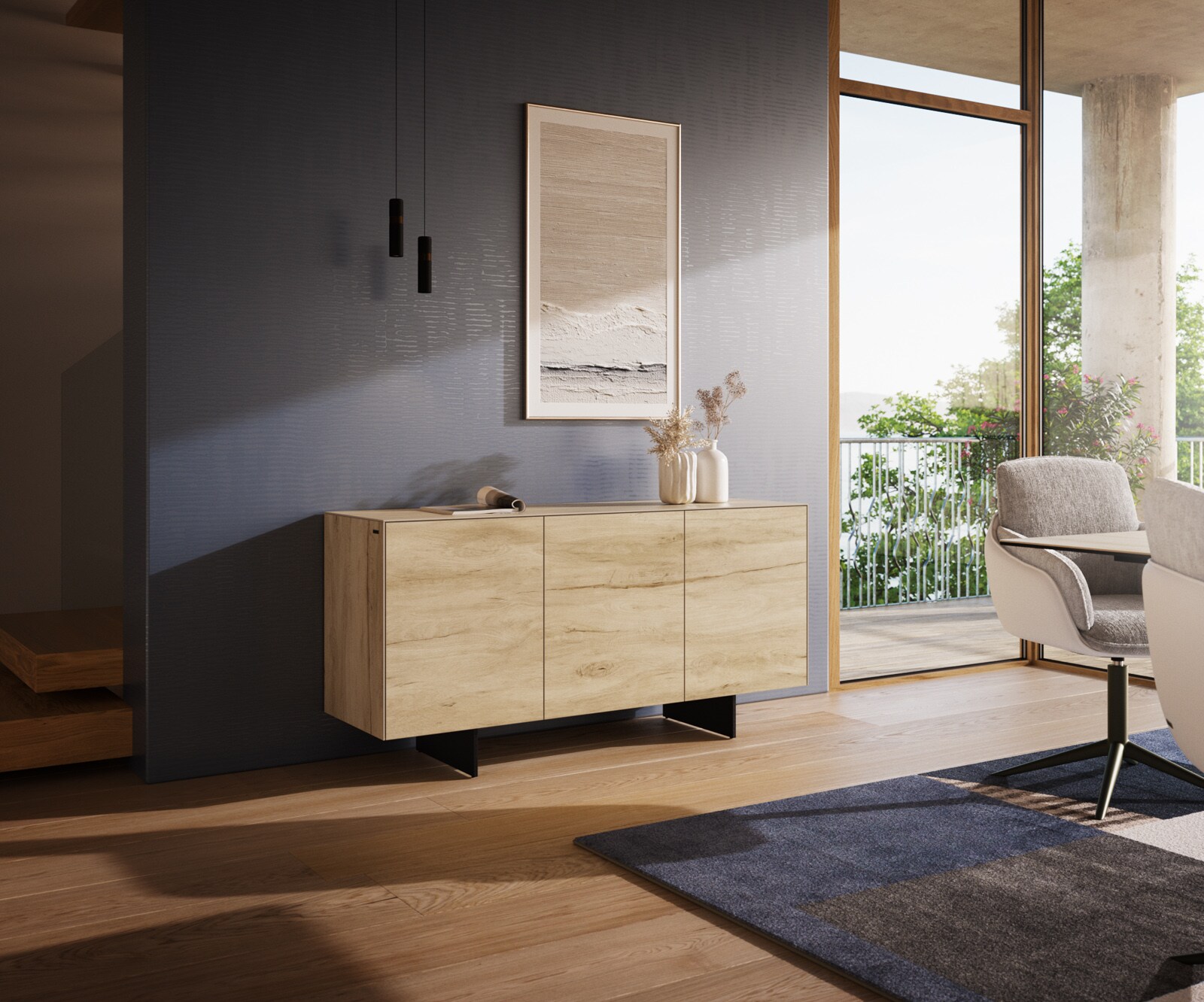 Dressoir Cuor 150 cm Keramiek Laminam® Sabbia Eiken gekleurd 3 Deuren Zwevende voet look Metaal Zwart 1