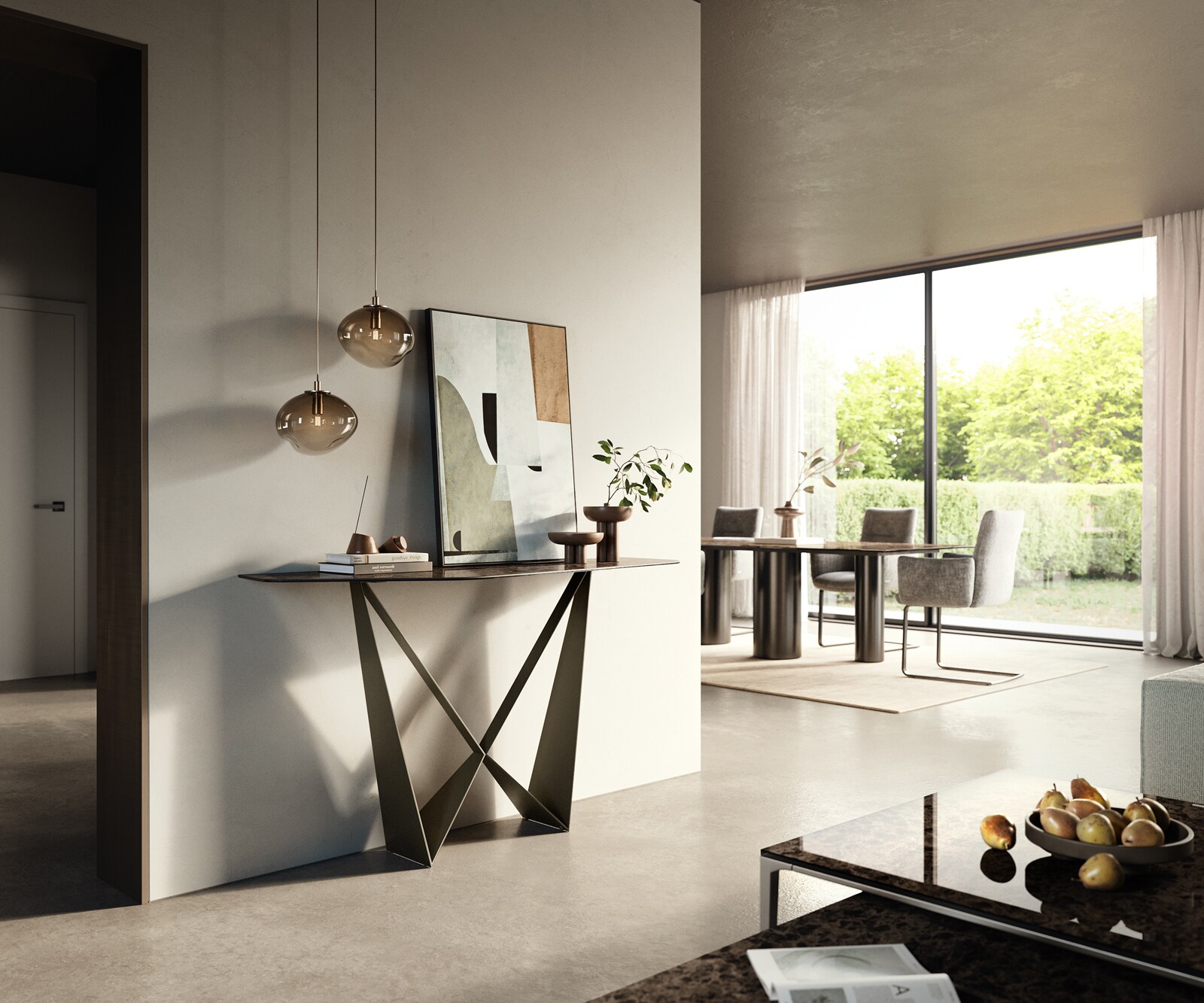 Consoletafel Edge Polygonaal 140x50 cm Keramiek Emperador Extra Lucidato Dunkelbraun Spios Metaal Effektfinish Titan 6