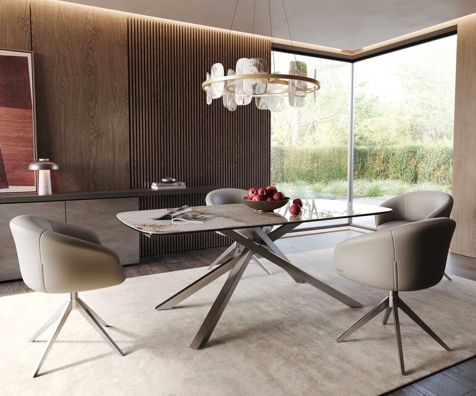 Eetkamertafel Edge Boot 200x100 keramiek Minas Melange wit-beige kruisframe rechthoek RVS 6