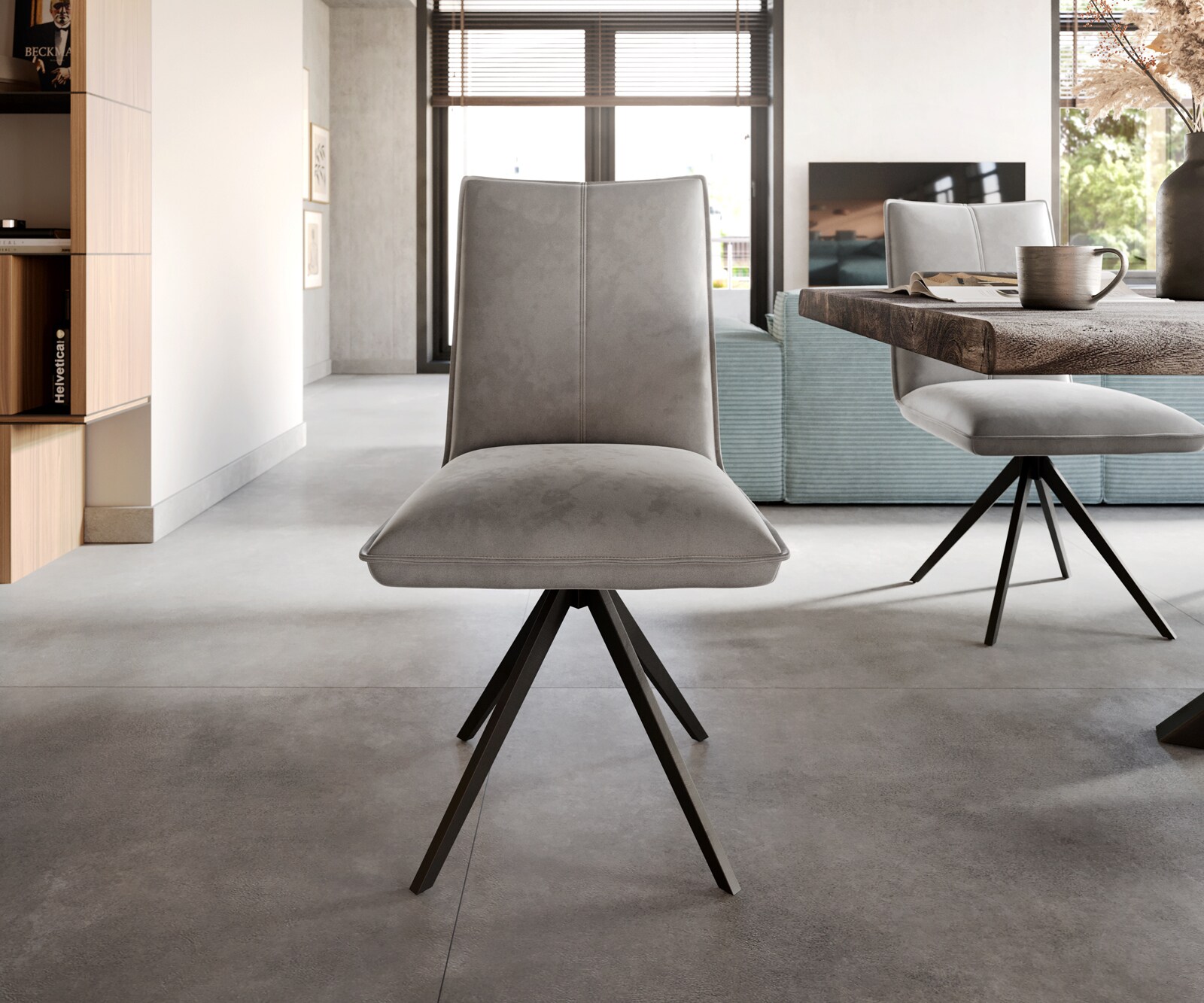 Eetkamerstoel Lelio-Flex fluweel grijs kruisframe breed zwart pocketveer kern 2