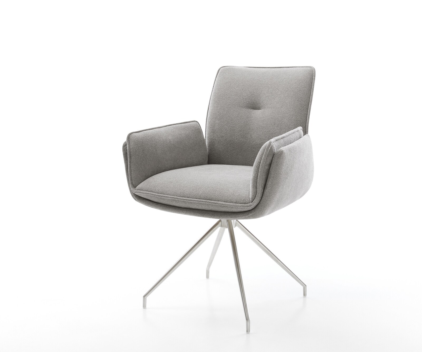 Eetkamerstoel Nela-Flex zachte stof met structuur grijs kruisframe conisch roestvrij staal