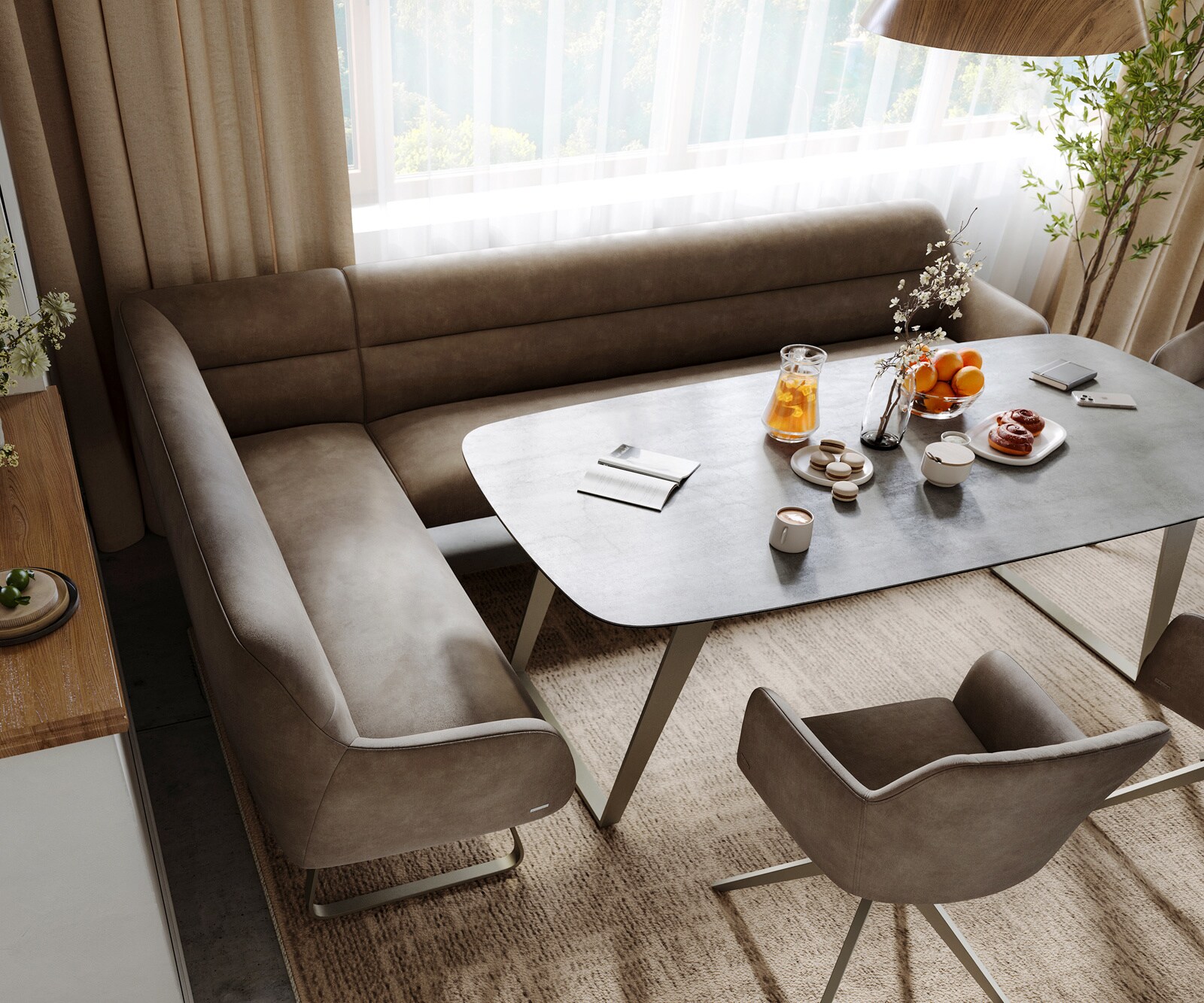 Eetkamerbank Taya-Flex 285x190 cm microvelours taupe vintage platte sledebasis afwerking met titaniumeffect pocketvering rechts 4