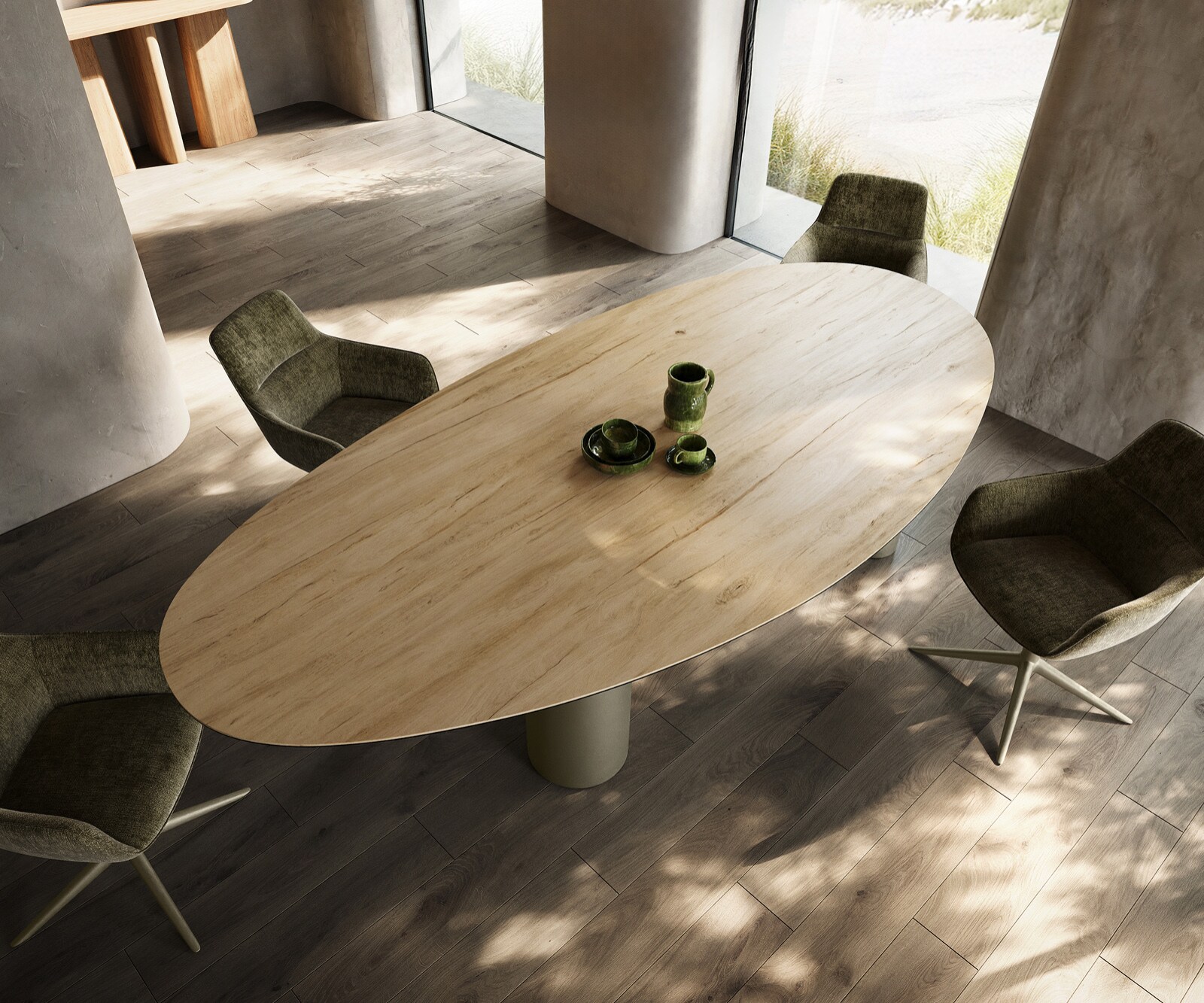 Eetkamertafel Edge ovaal 280x130 keramiek Laminam® Sabbia eiken kleur Pilier metaal effectafwerking titaan 4