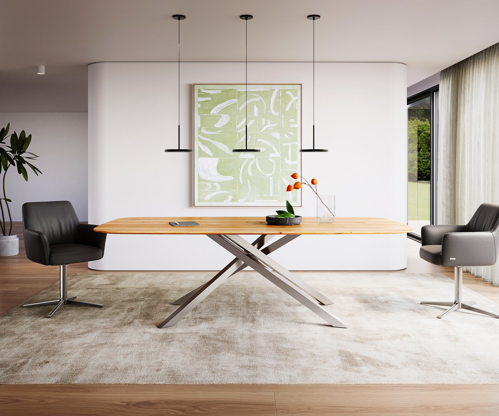 Eettafel Edge Boot 240x120x2,5-3 eiken natuur kruisframe rechthoek RVS Zwitserse rand Eettafel Edge Boot 240x120x2,5-3 eiken natuur kruisframe rechthoek RVS Zwitserse rand