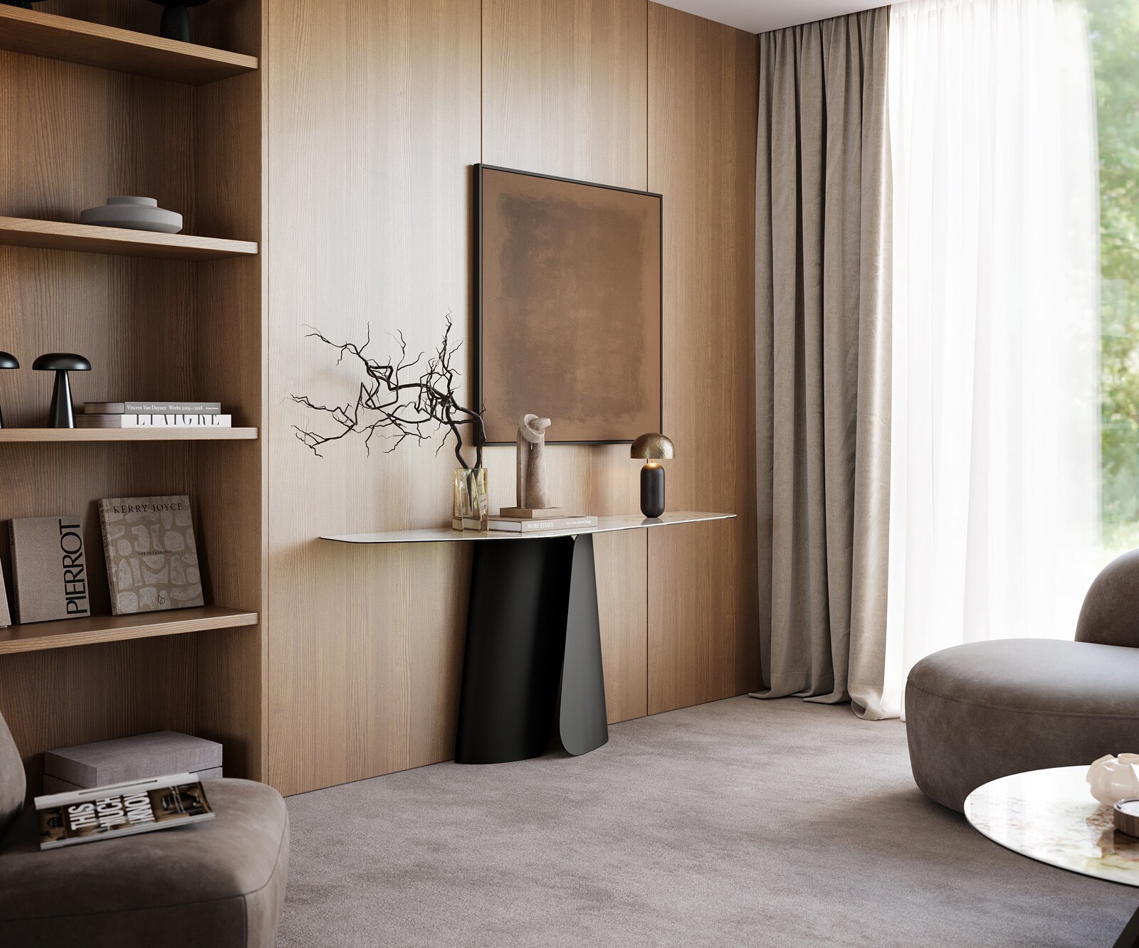 Consoletafel Edge Polygonaal 180x50 cm Keramiek Minas Melange Weiß-Beige Livos Metaal Zwart 7