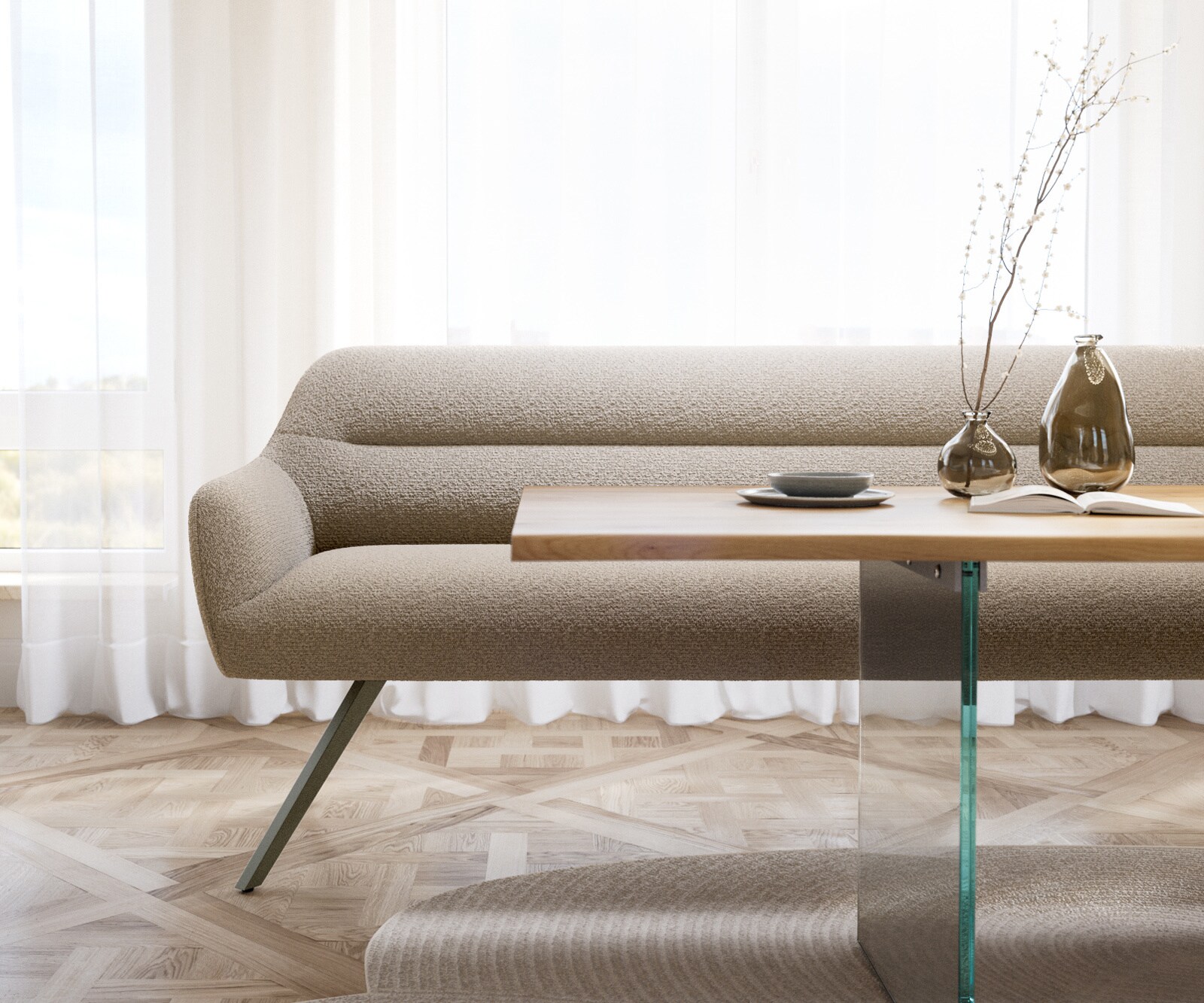 Eetkamerbank Taya-Flex 200 cm bouclé mud hoekig kruisframe afwerking met titaniumeffect pocketvering 2