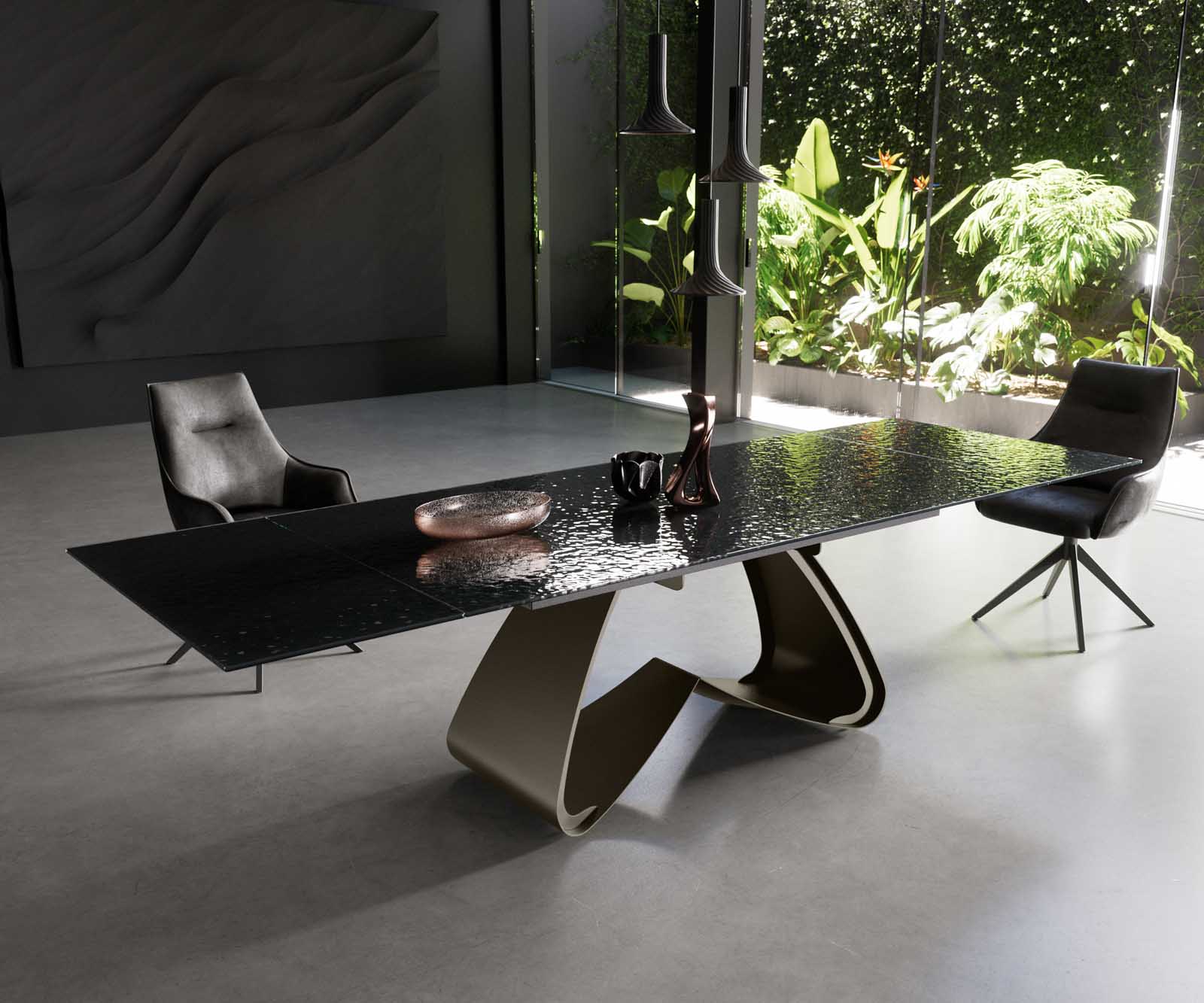 Eetkamertafel Edge 200-300x100 Glas smelten rokerig zwart 3D-Relief W-frame effectafwerking Titaan uitschuifbaar 1