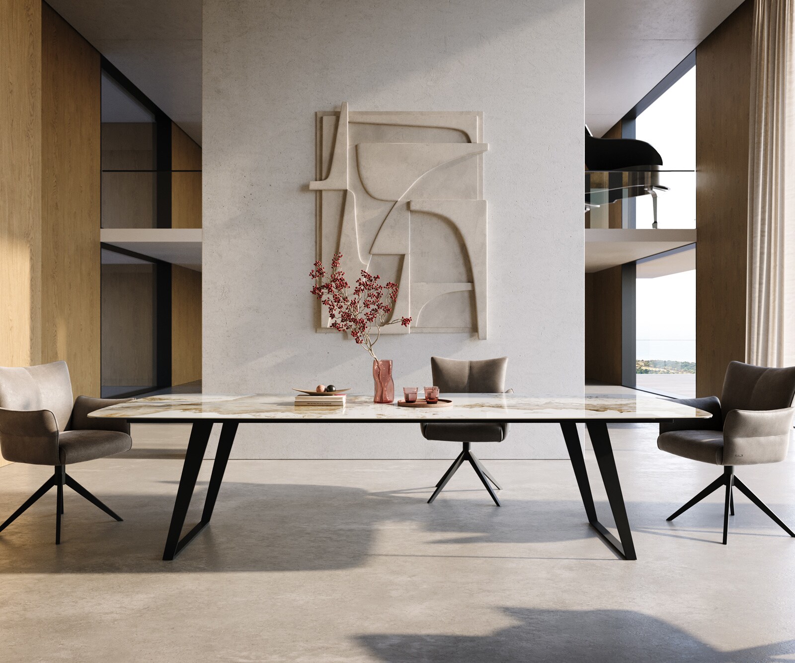Eettafel Edge Boot 300x120 cm Keramiek Minas Melange Wit-Beige Metaal Schräg Zwart 2