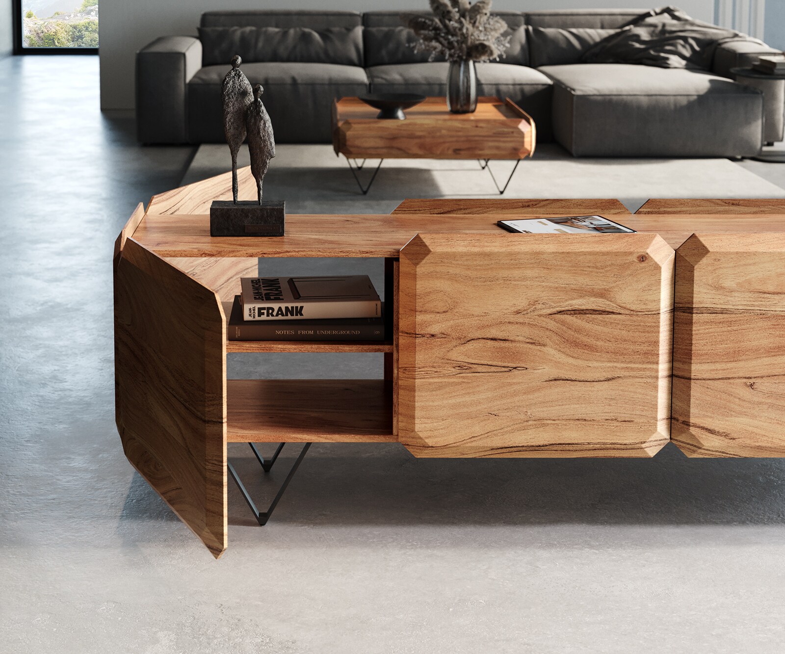 Lowboard Kiano 220 cm Acacia Natuur 4 Deuren V-voet Zwart Roomdivider 4 Lowboard Kiano 220 cm Acacia Natuur 4 Deuren V-voet Zwart Roomdivider 4