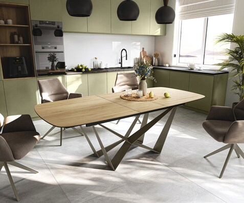Eettafel Edge Boot 180-220x100 cm Keramiek Laminam® Sabbia Eichefarbig Spider Metaal Effectafwerking Titan uitschuifbaar