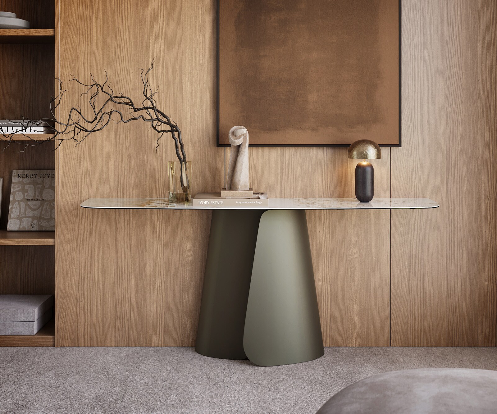 Consoletafel Edge Bootvorm 180x40 cm Keramiek Minas Melange Weiß-Beige Livos Metaal Effektfinish Titan 1