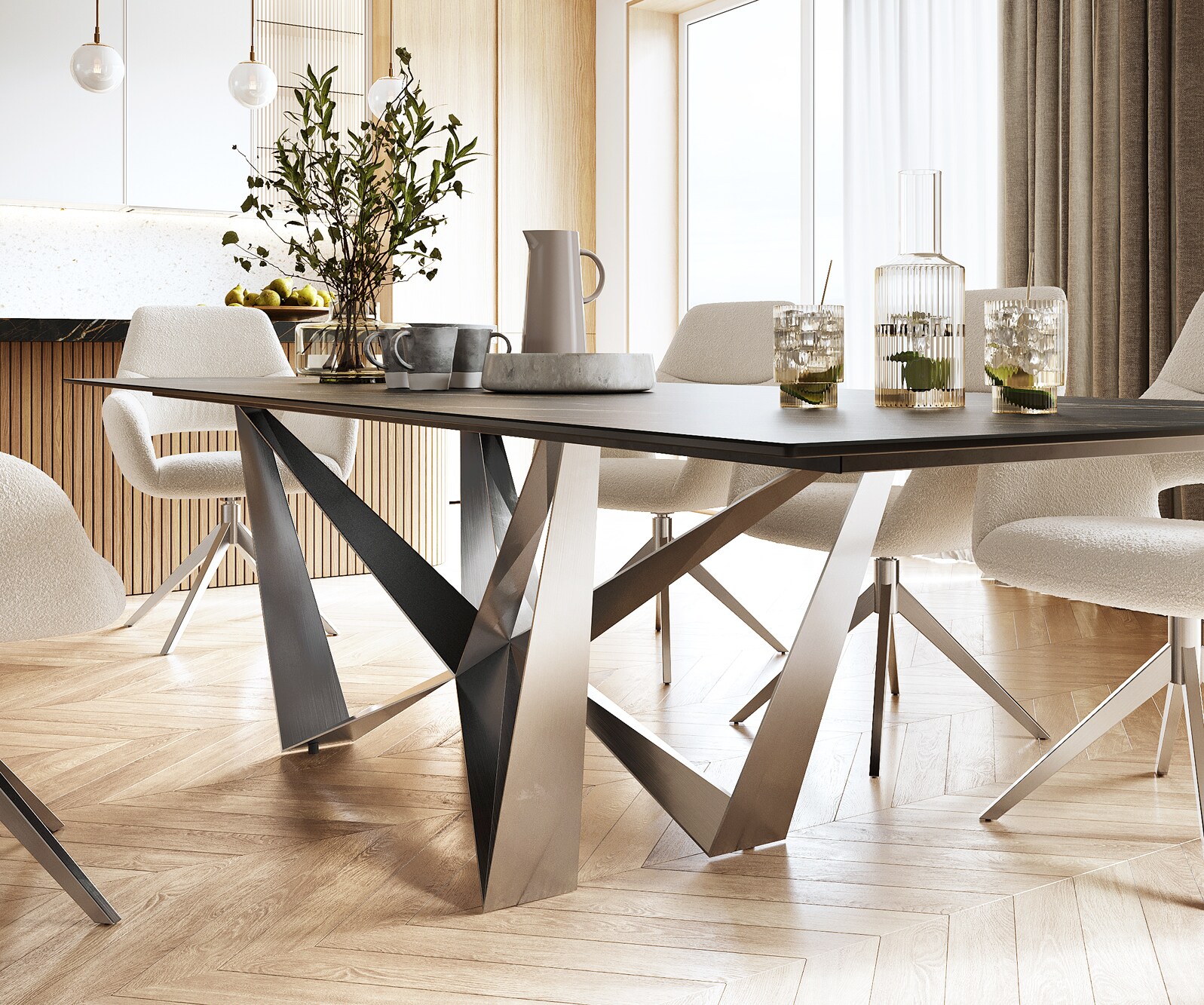 Eettafel Edge 300x100cm Laminam® keramiek bruin middenpoot vlak staal zilver 4