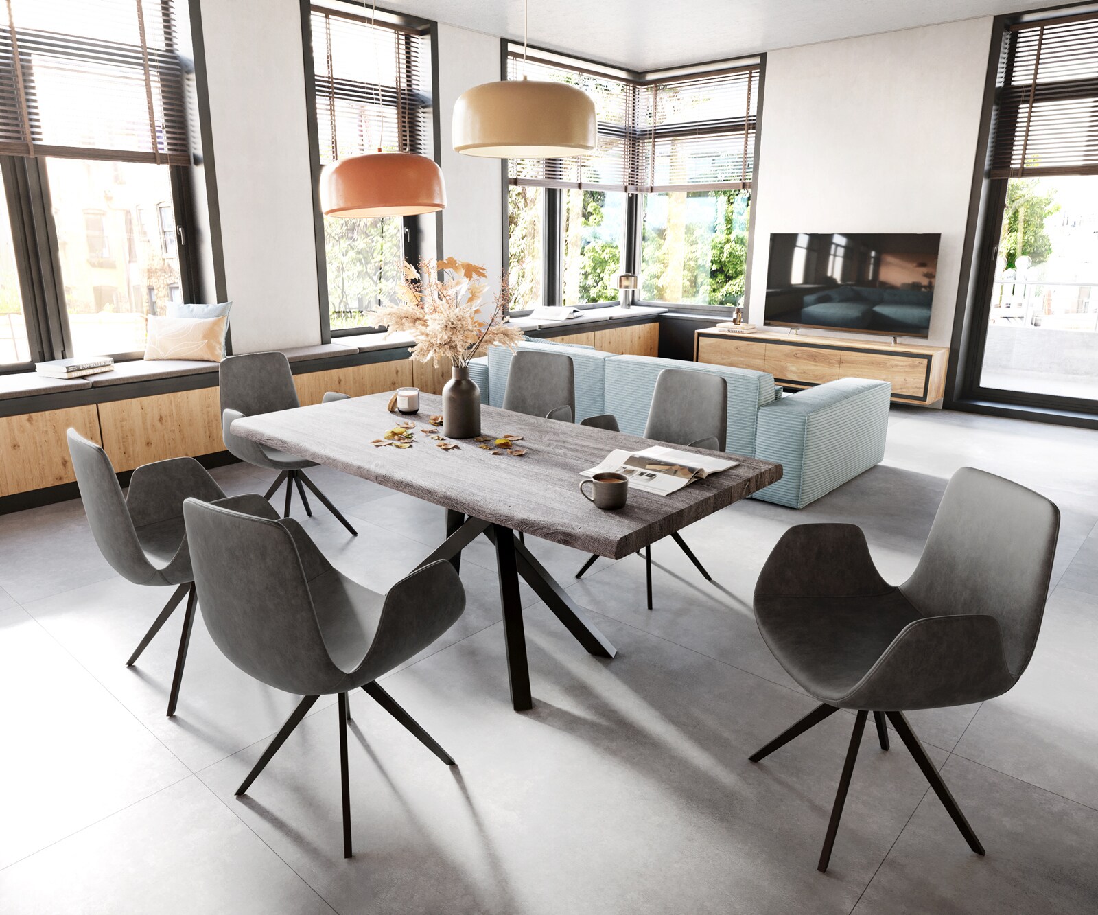 Eetkamerstoel Ilia-Flex met armleuning microvelours antraciet vintage kruisframe hoekig zwart 3
