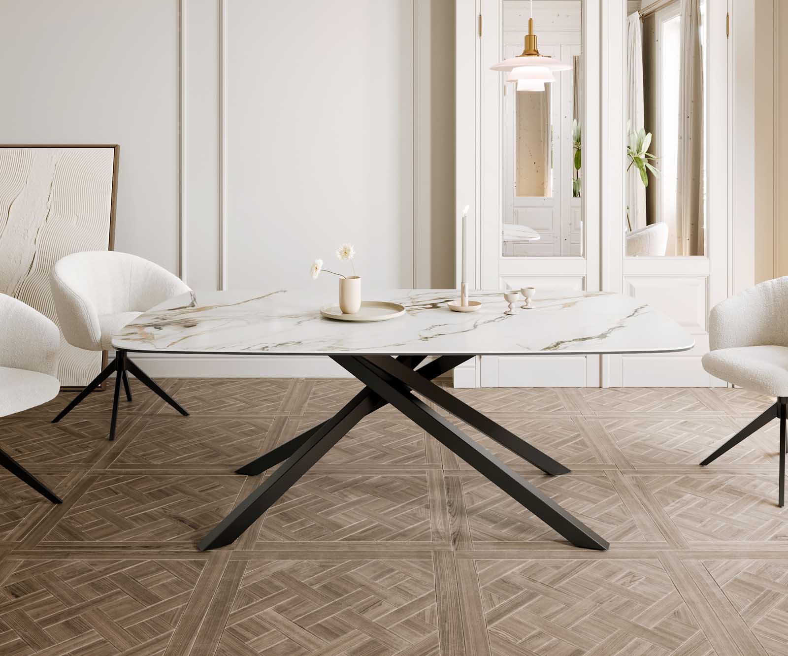 Eetkamertafel Edge Boot 200x100 keramiek Calacatta Luxe wit-goud-grijs kruisframe rechthoek zwart 1