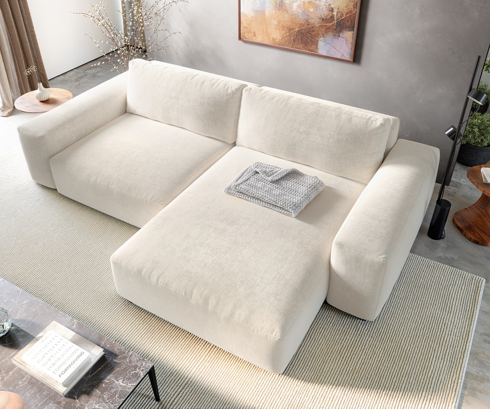 Hoekbank Lanzo XL 270x180 cm Zachte structuurstof Beige Chaise longue variabel met hocker 4