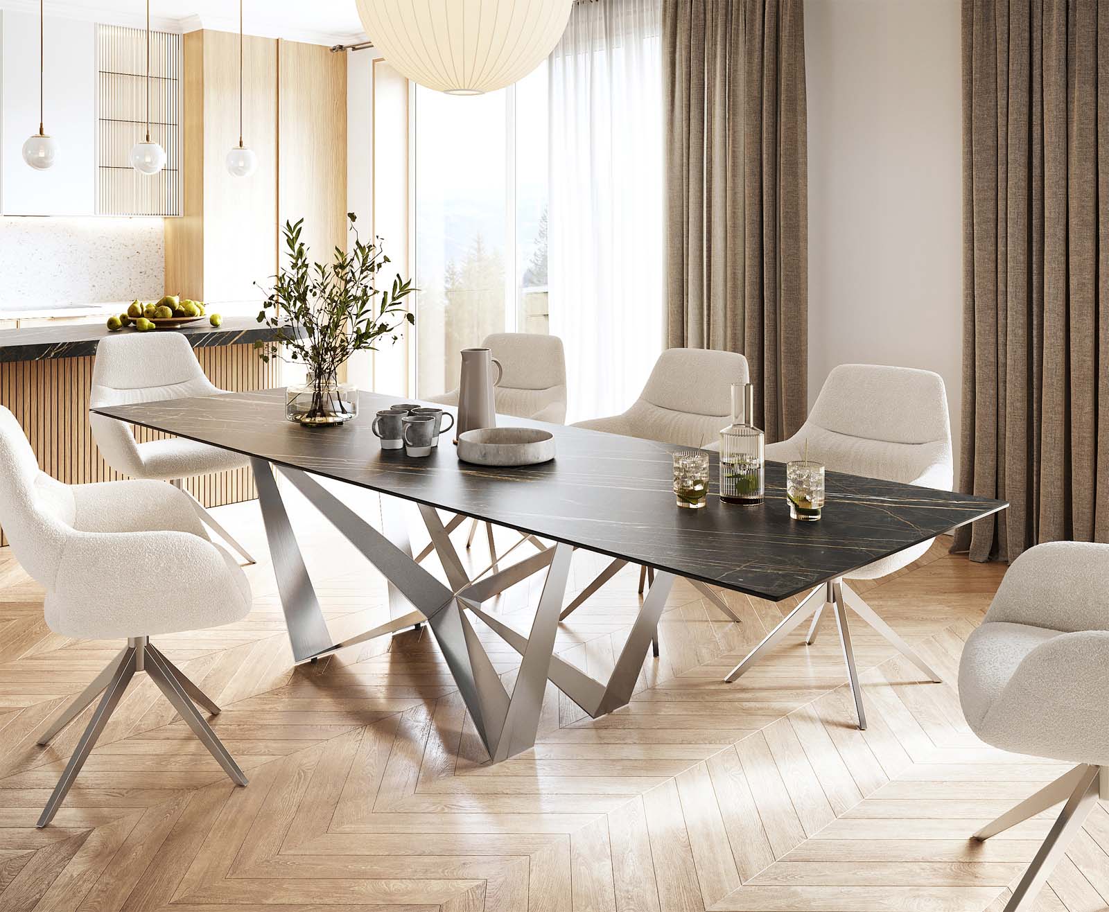 Eettafel Edge 300x100cm Laminam® keramiek bruin middenpoot vlak staal zilver