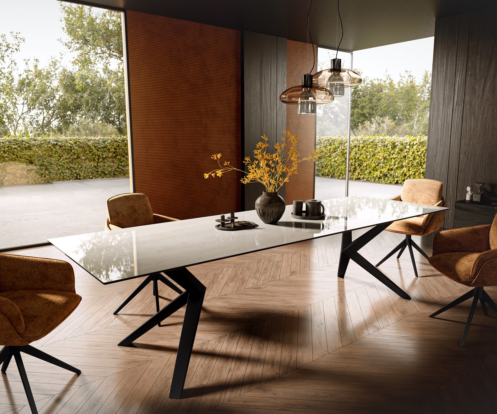 Eettafel Edge 300x100 cm keramiek Onyx Champagne Zenthara hoekig metaal zwart 1