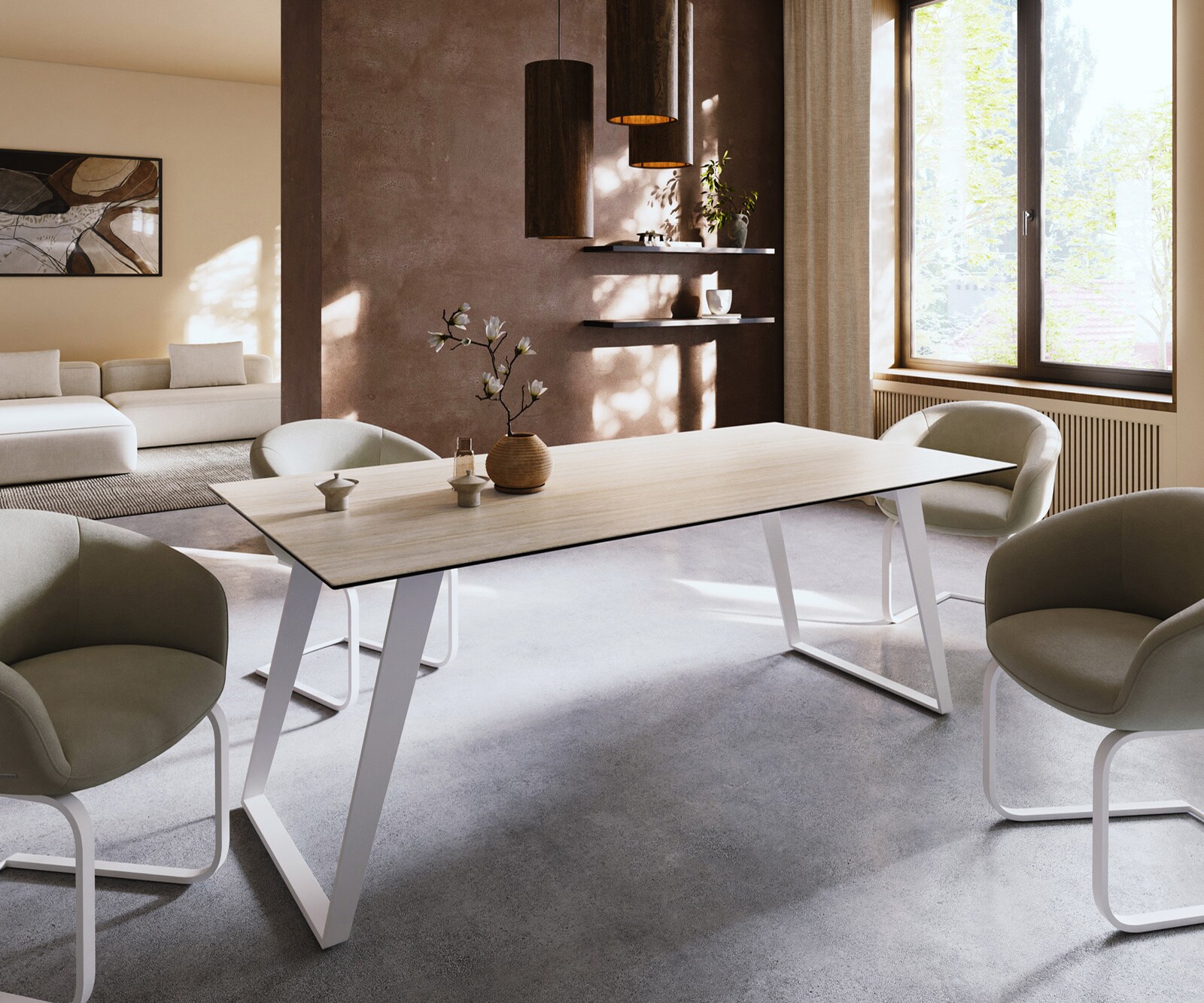 Eettafel Edge 200x100 keramiek  Laminam® Travertino Bianco Creme-wit metaal schuin wit 1