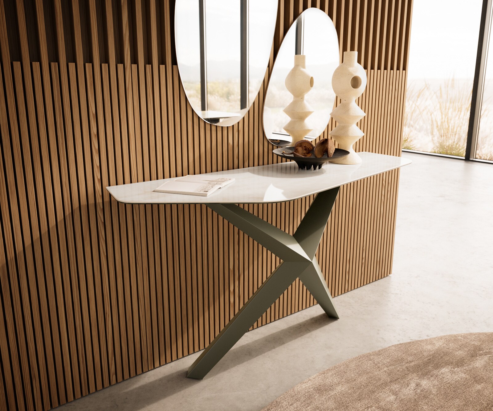 Consoletafel Edge Polygonaal 140x50 cm Keramiek Onyx Champagne Zentharo Metaal Effektfinish Titan 4