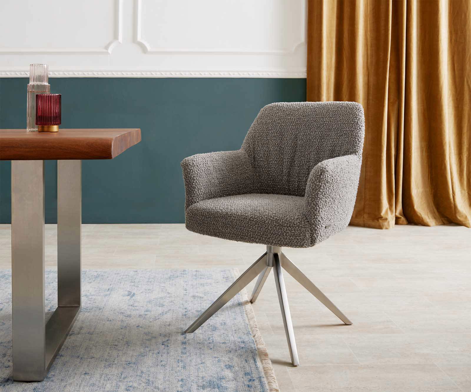 Draaistoel Xana-Flex met armleuning bouclé zilver grijs kruisframe breed roestvrij staal 360° draaibaar pocketveer kern Draaistoel Xana-Flex met armleuning bouclé zilver grijs kruisframe breed roestvrij staal 360° draaibaar pocketveer kern