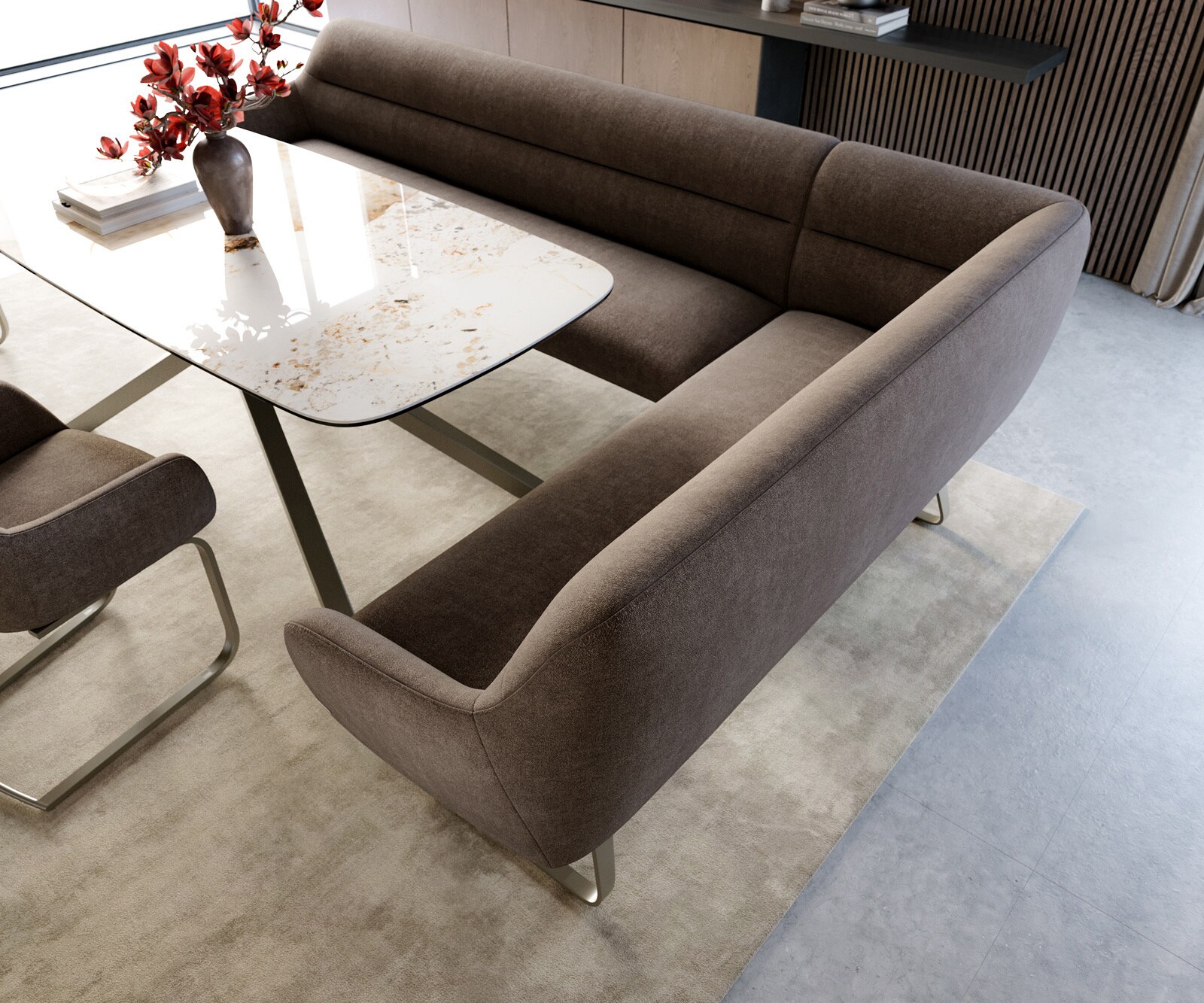 Eetkamerbank Taya-Flex 285x190 cm zachte stof met structuur taupe platte sledebasis afwerking met titaniumeffect pocketvering links 4