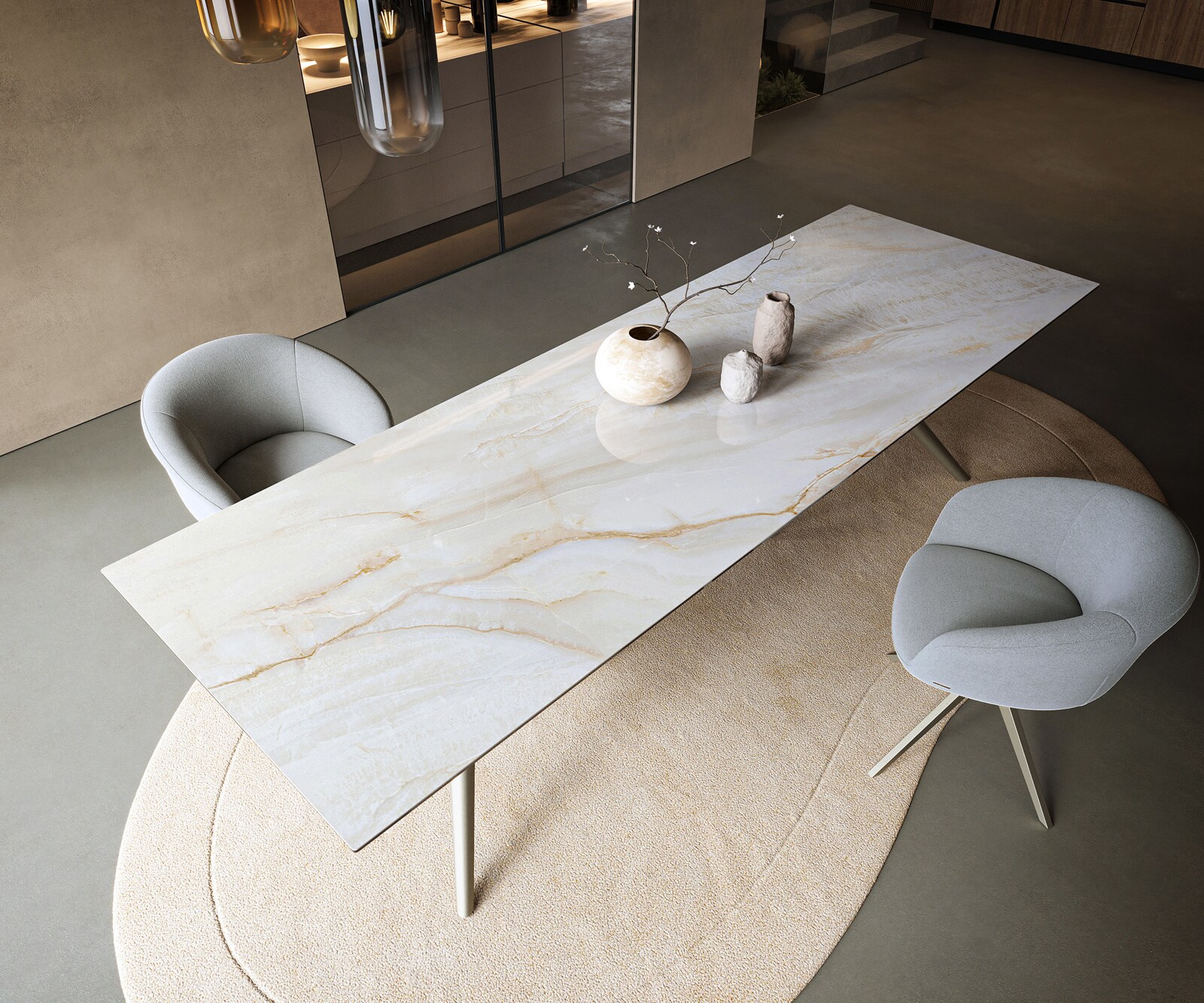 Eettafel Edge 300x100 cm keramiek Onyx Pearl Estelar rond metaal effectfinish titan 3