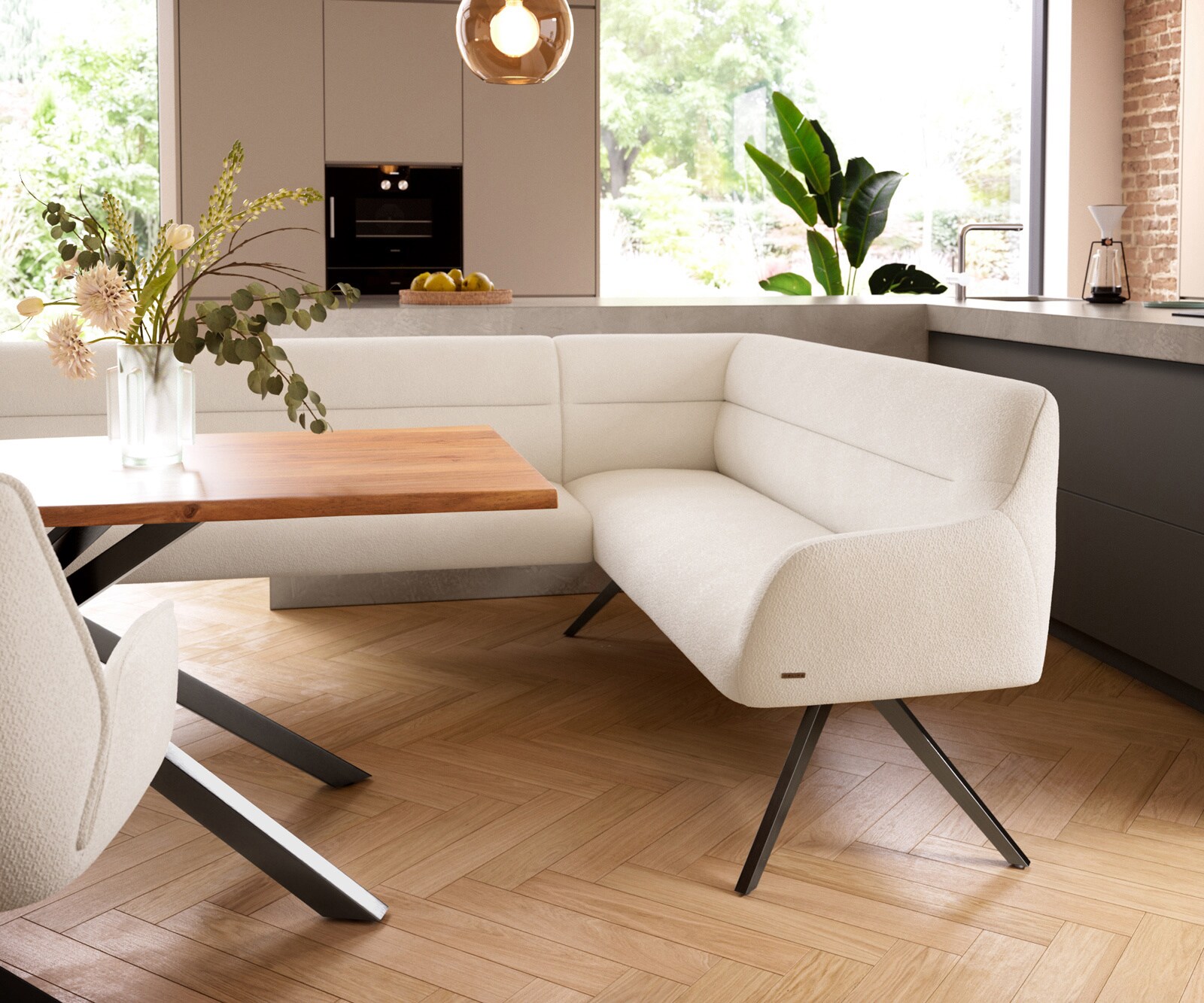 Eetkamerbank Taya-Flex 285x190 cm bouclé crème-wit hoekig kruisframe grafiet pocketvering links 5