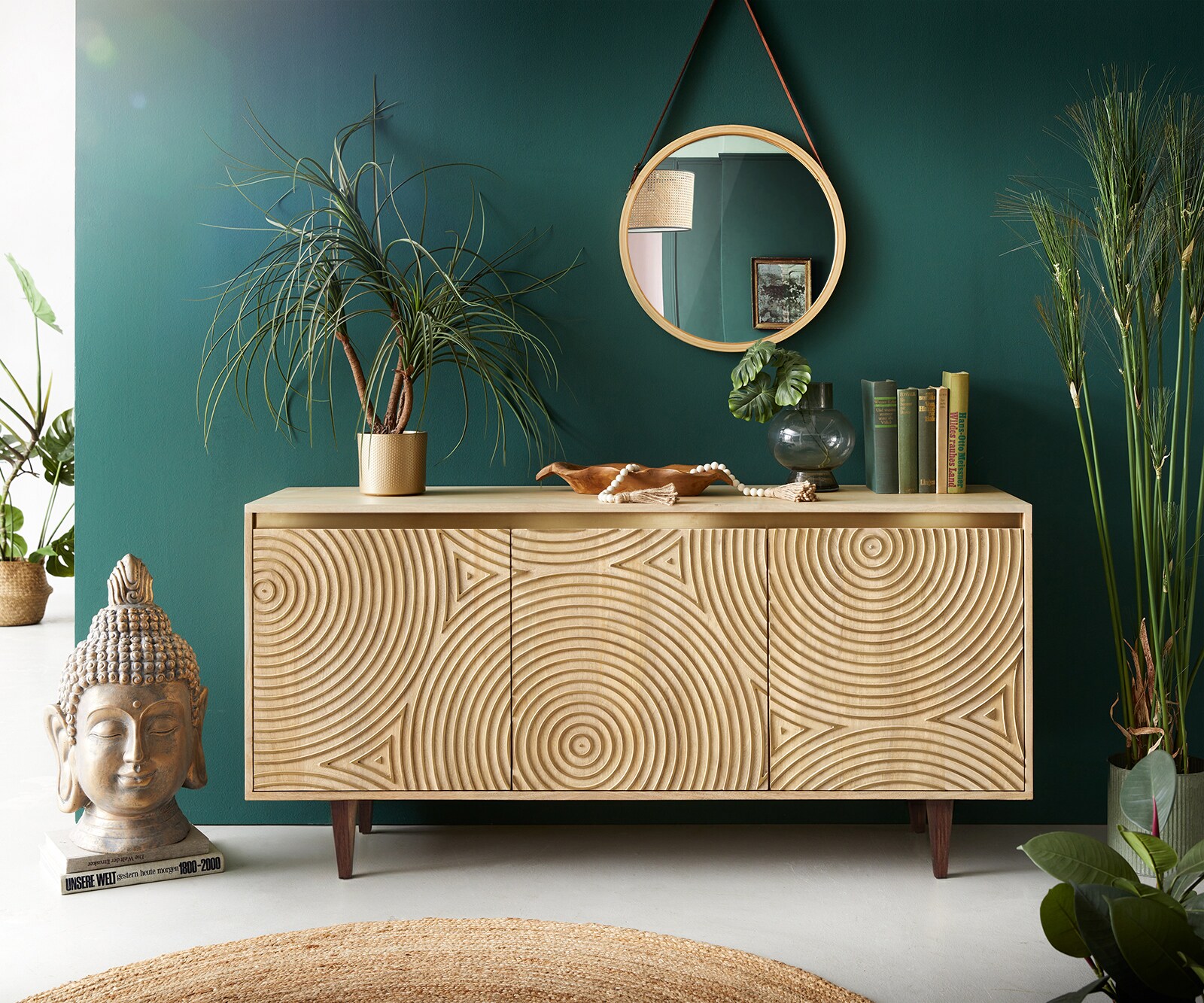 Commode Budaya 150 cm mangohout natuur 3 deuren, vierkante pooten 1