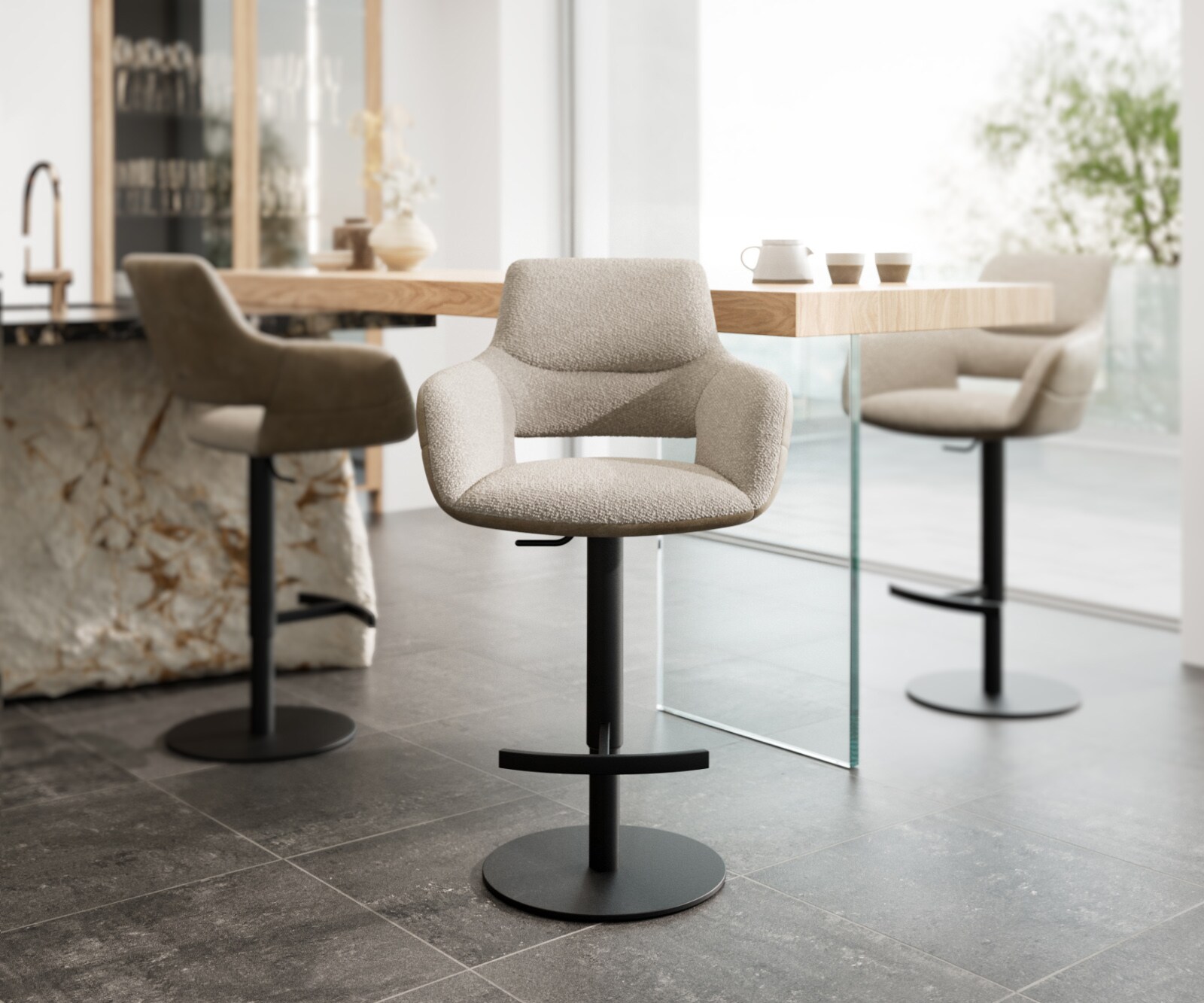 Barstoel Yago-Flex materiaalmix microvezel Mud / bouclé Mud draaivoet in hoogte verstelbaar metaal zwart draaibaar pocketvering 2