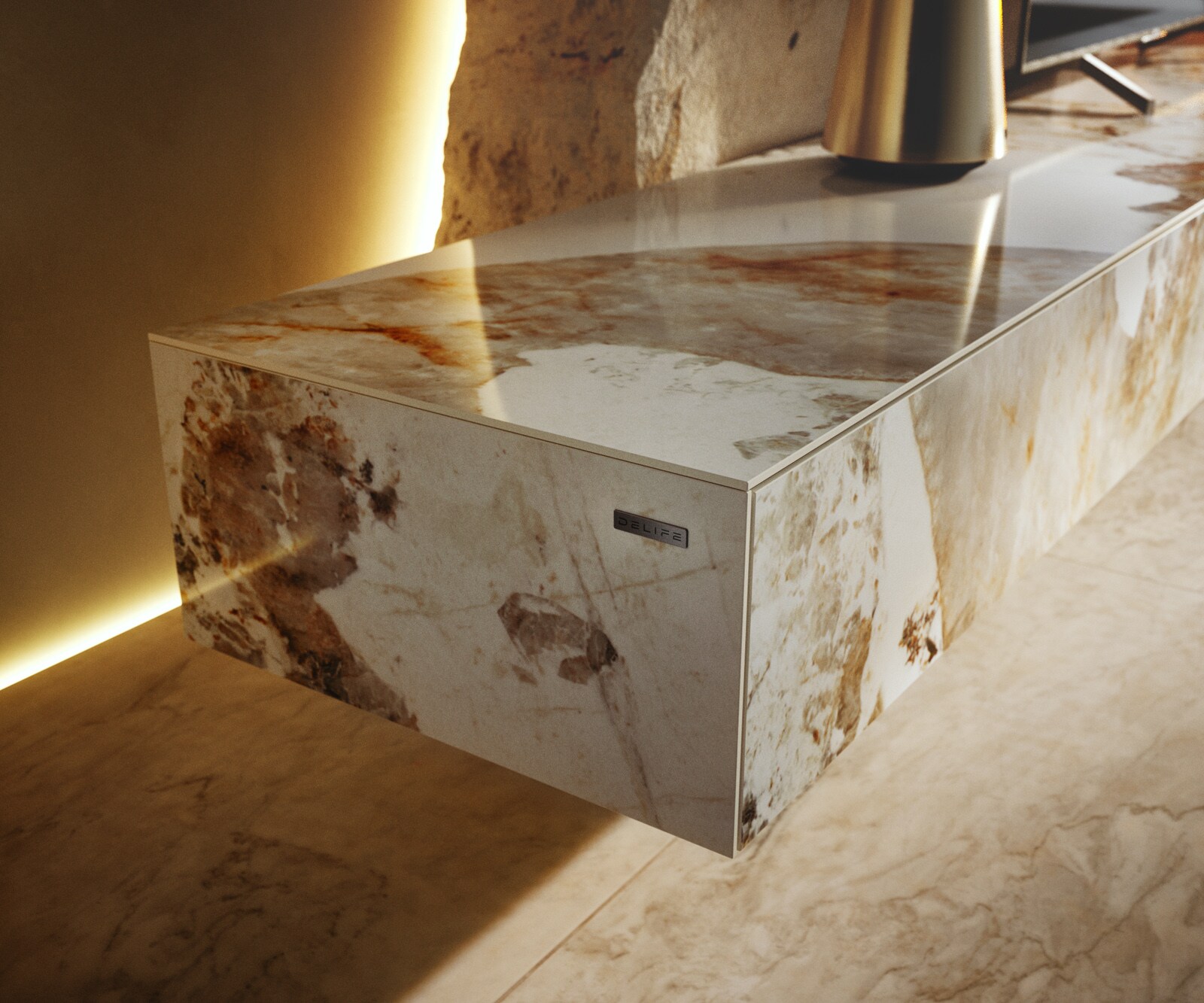 Tv-meubel Cuor 250 cm Keramiek Minas Melange Wit-beige 1 Flap 1 Lade Zwevende voet look Metaal Zwart 6
