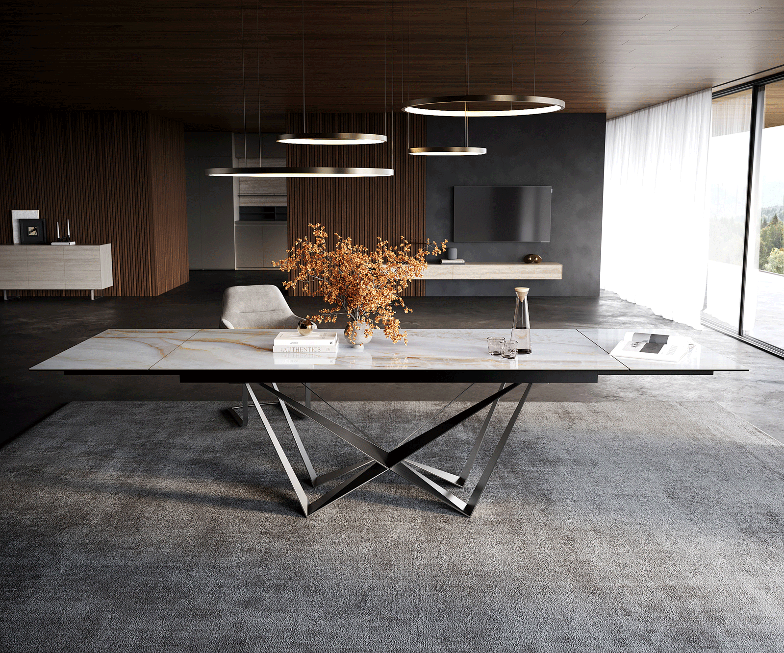 Eettafel Edge 200-300x100 cm keramiek Onyx Pearl Spider plat staal roestvrij staal grafiet uittrekbaar 2