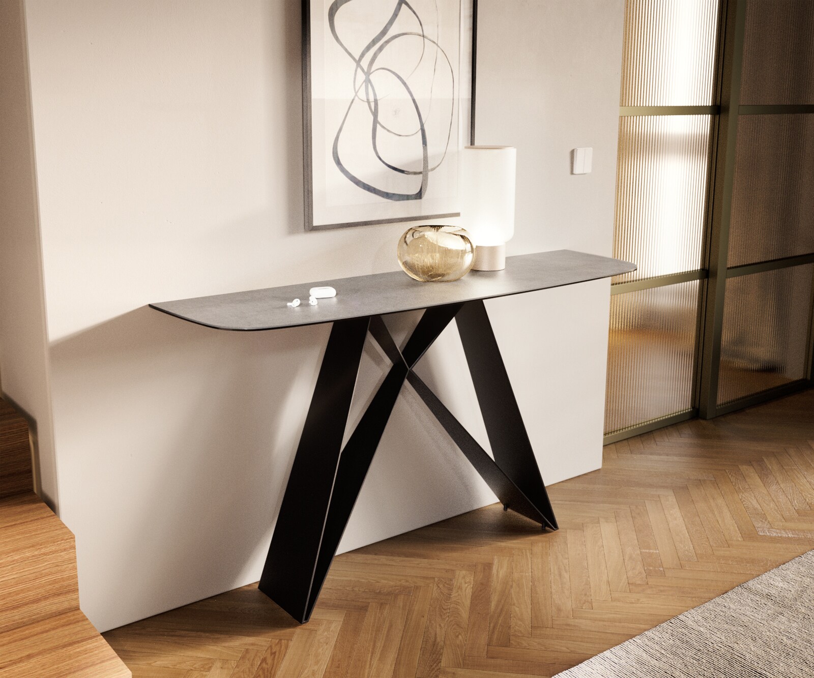 Consoletafel Edge Bootvorm 140x40 cm Keramiek Betongrijs Velio Metaal Zwart 4