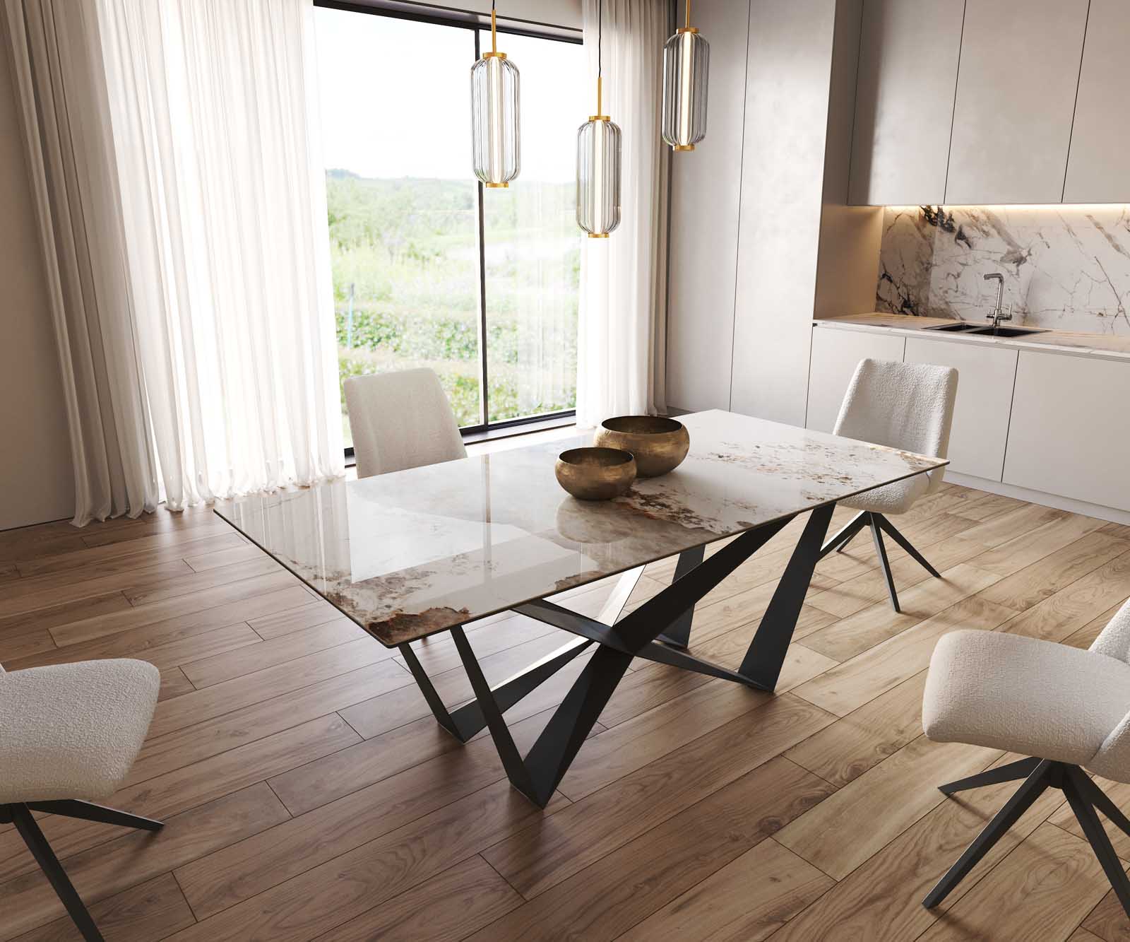 Eetkamertafel Edge 200x100 keramiek Minas Melange wit-beige spider vlak staal zwart 1