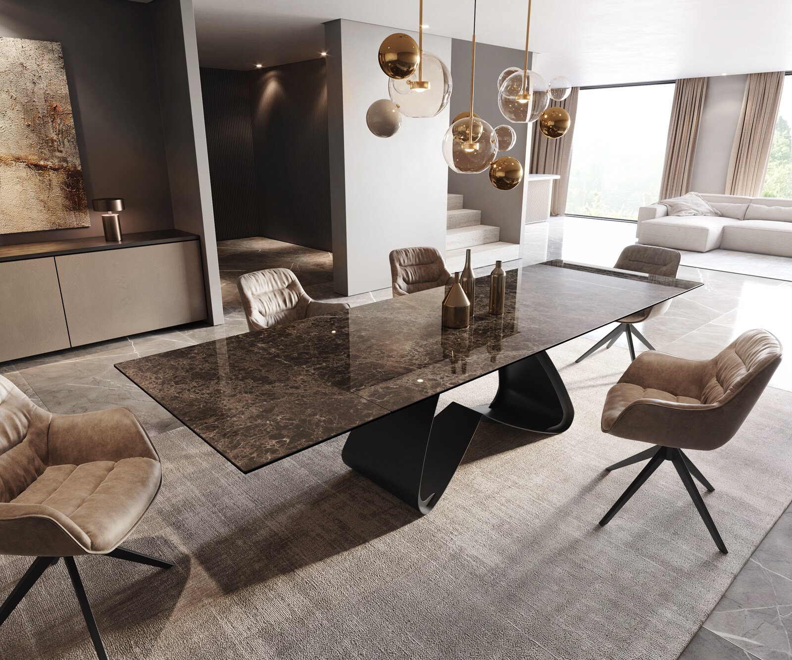Eettafel Edge 200-300x100 keramiek  Laminam® Emperador Extra Lucidato donkerbruin W-frame zwart uitrekbaar Eettafel Edge 200-300x100 keramiek  Laminam® Emperador Extra Lucidato donkerbruin W-frame zwart uitrekbaar