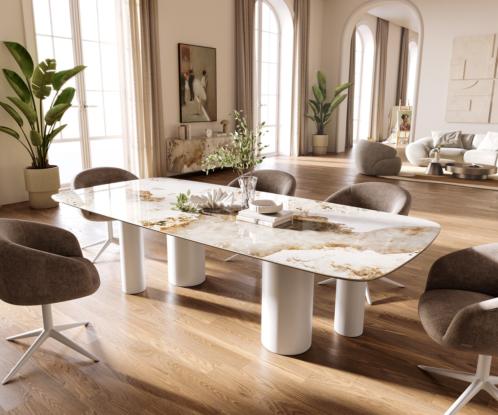 Eettafel Edge Boot 260x120 cm Keramiek Minas Melange Wit-Beige Pilier Metaal Wit 1