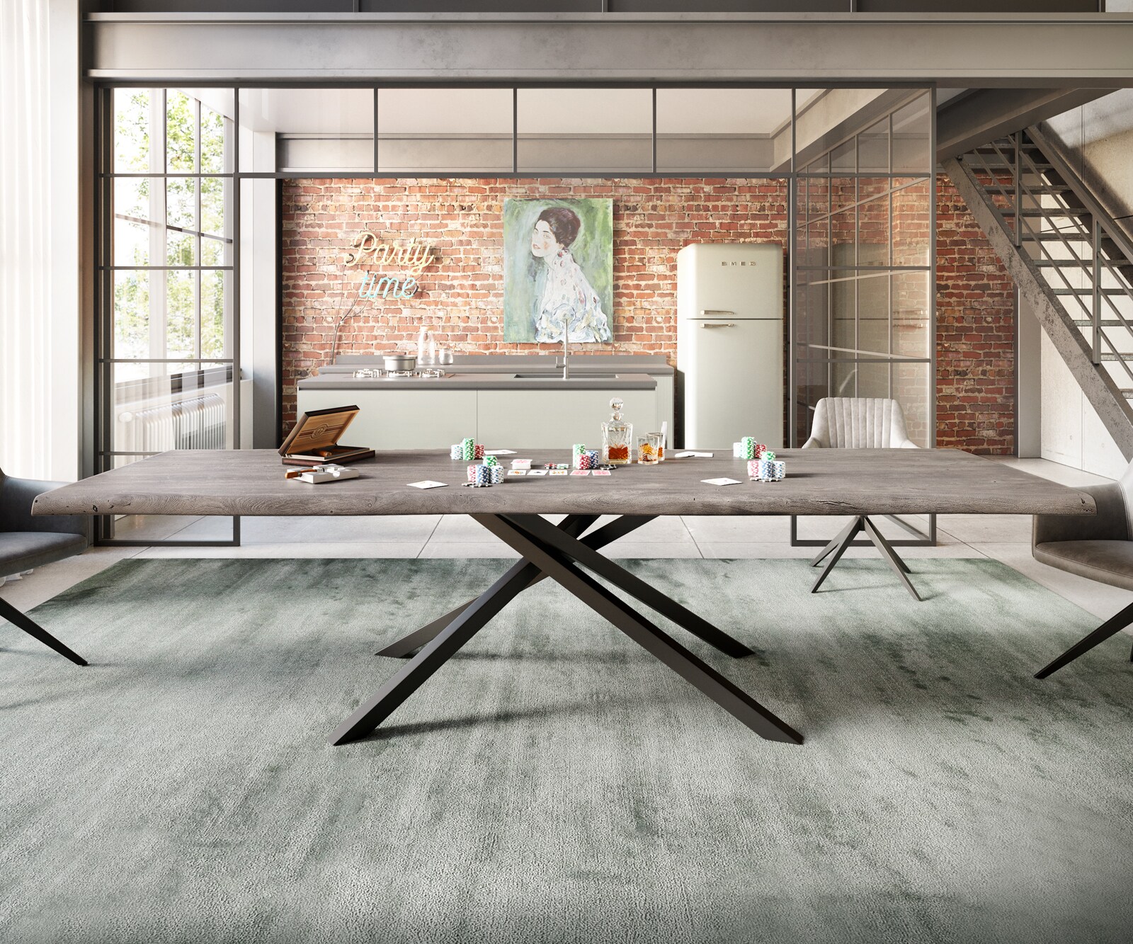Eettafel Edge 300x100 XL acacia platina  kruisframe rechthoek zwart  Live-Edge 6