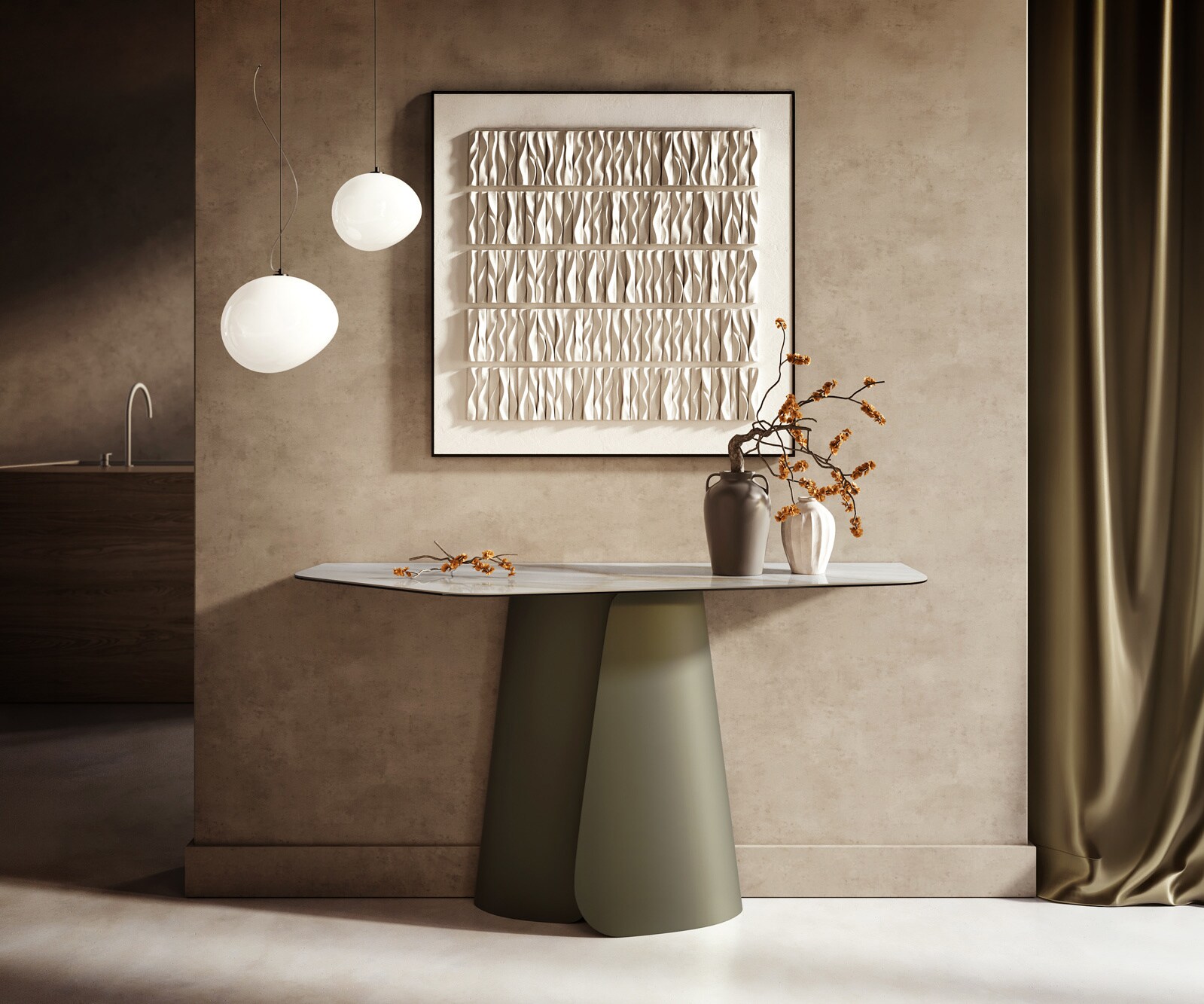 Consoletafel Edge Polygonaal 140x50 cm Keramiek Onyx Pearl Livos Metaal Effektfinish Titan 1